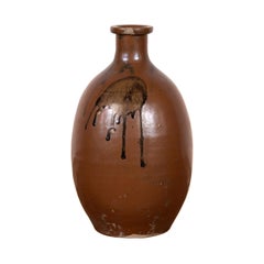 Antique Japanese Taishō Period 1900s Tamba Tachikui Ware Brown Sake Jar with Black Glaze