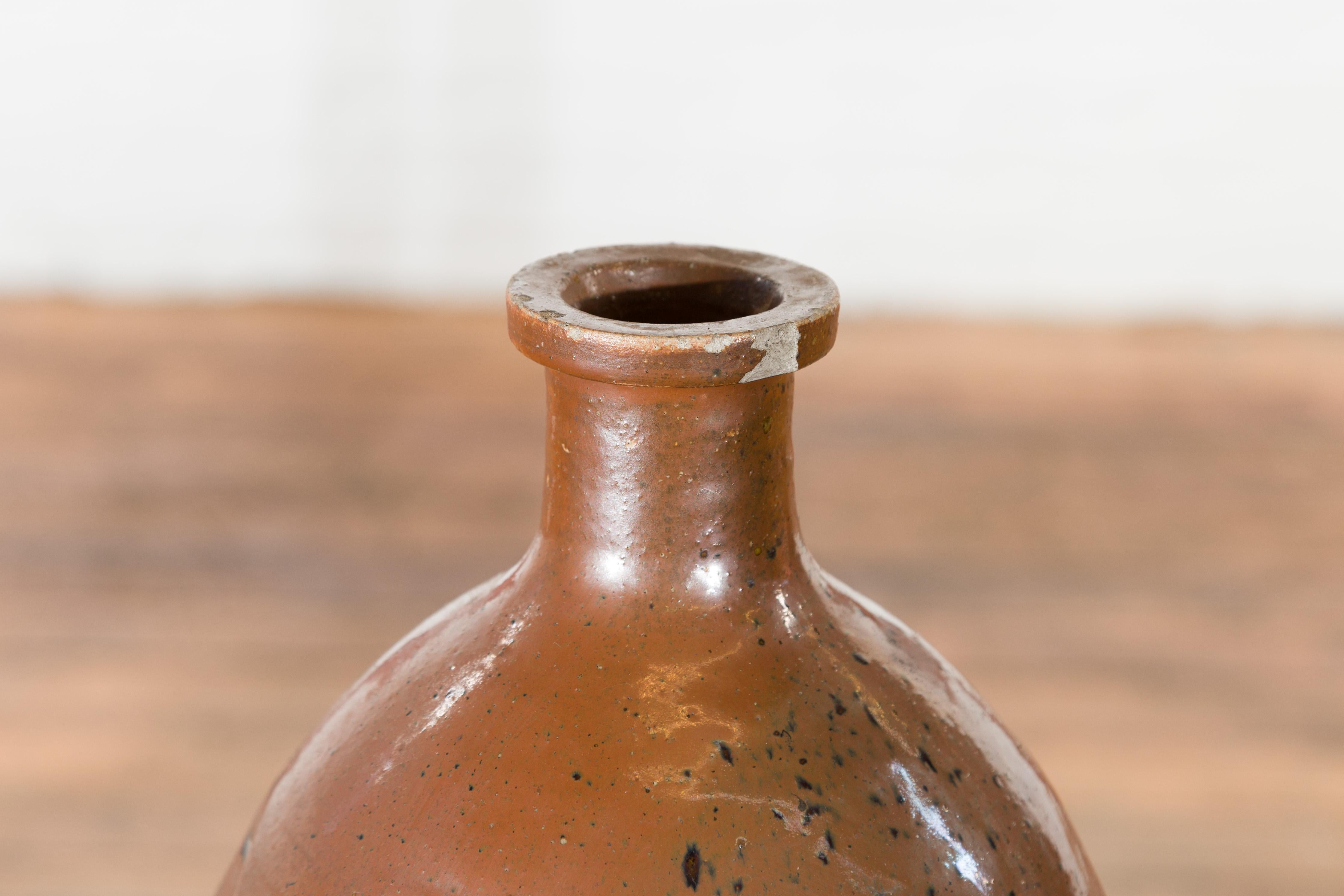 20th Century Japanese Taishō Period 1900s Tamba Tachikui Ware Brown Sake Jar with Drip Glaze For Sale