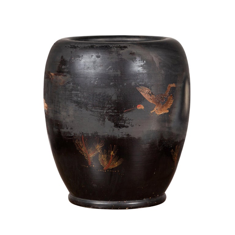 Japanese Taishō Period Antique Black Terracotta Vase with Bird and Floral Motifs at 1stDibs