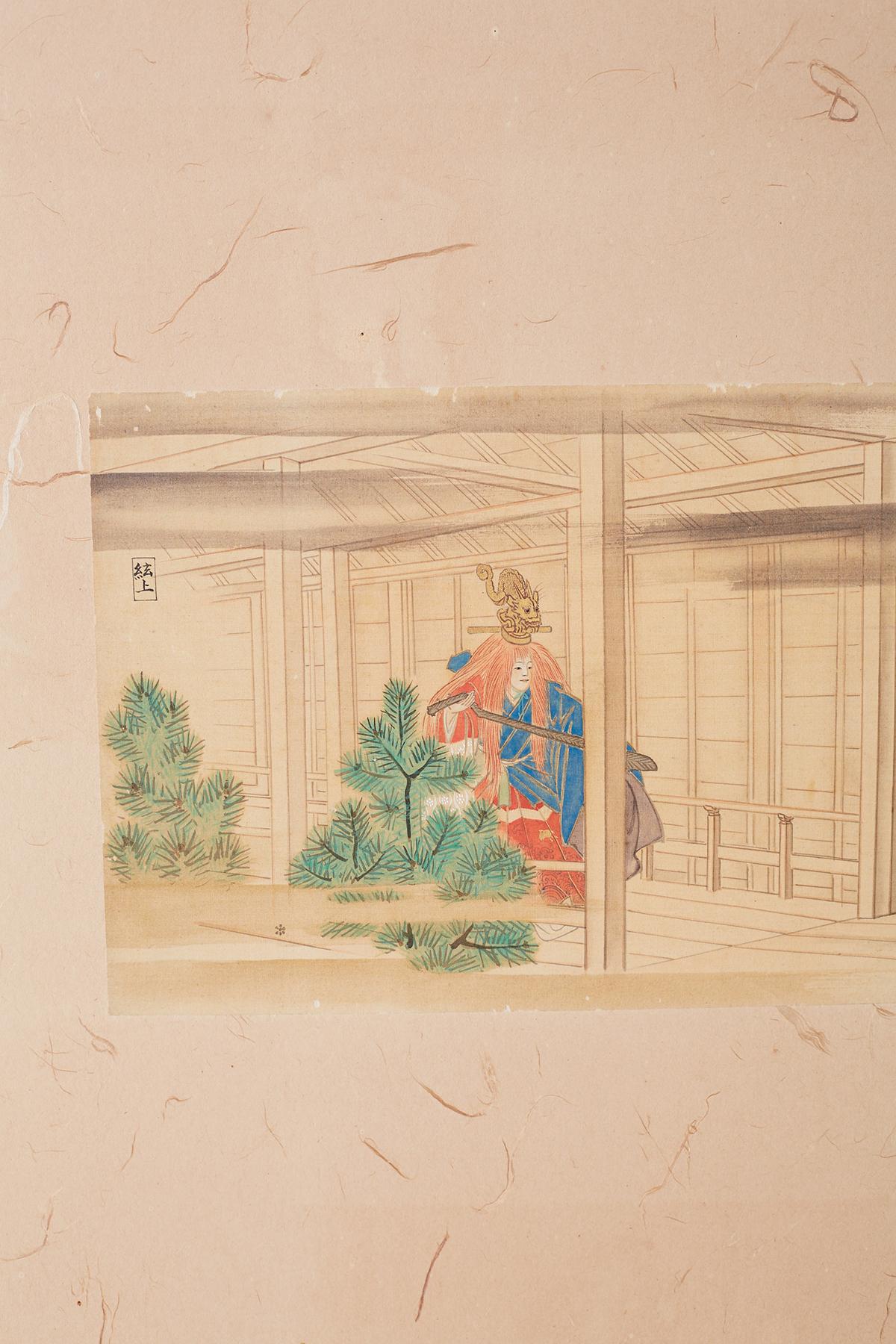 Wood Japanese Taisho Period Byobu Screen with Noh Scenes