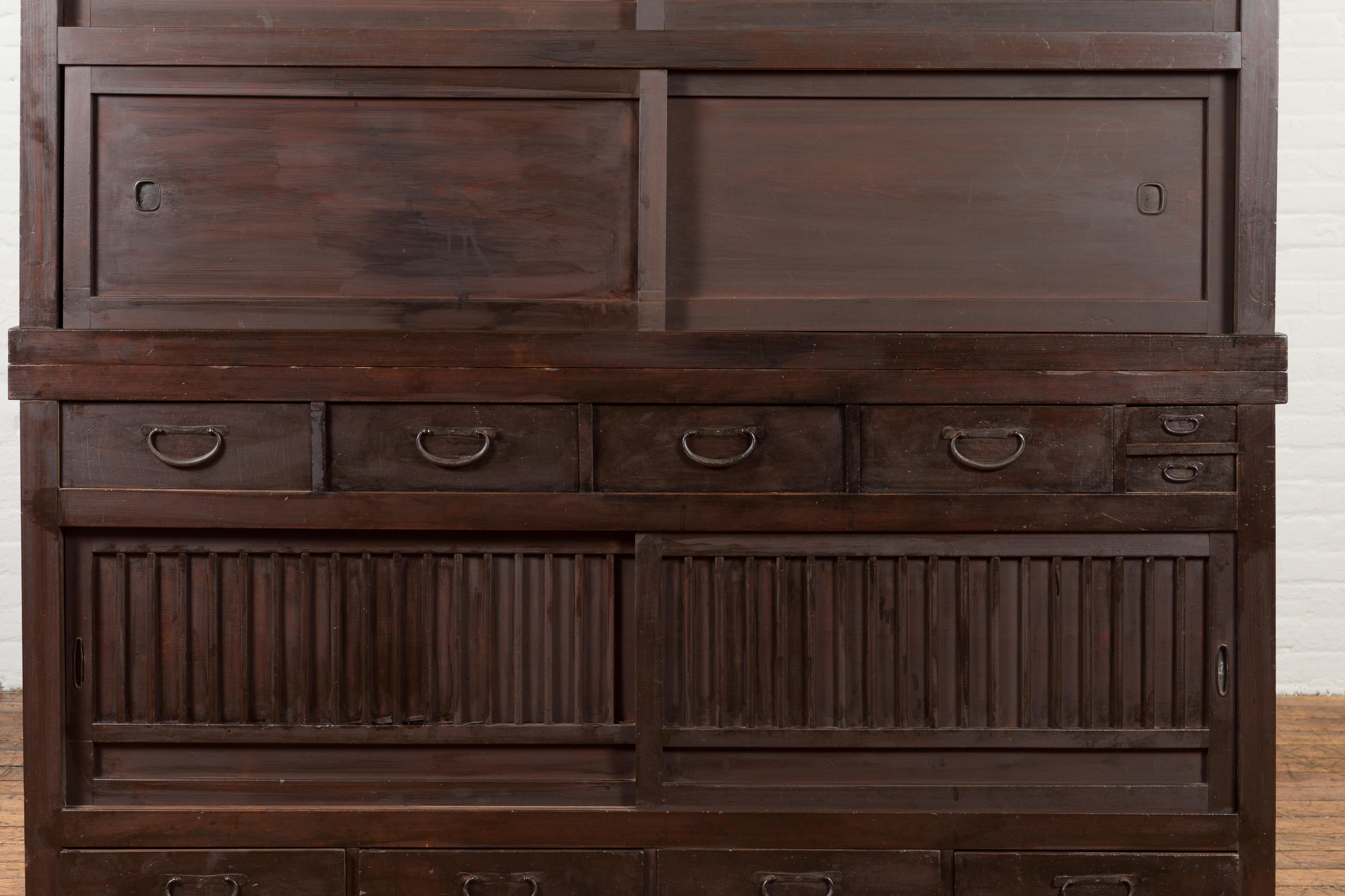 Metal Japanese Taishō Period Early 20th Century Kiri Wood Mizuya Dansu Kitchen Cabinet For Sale
