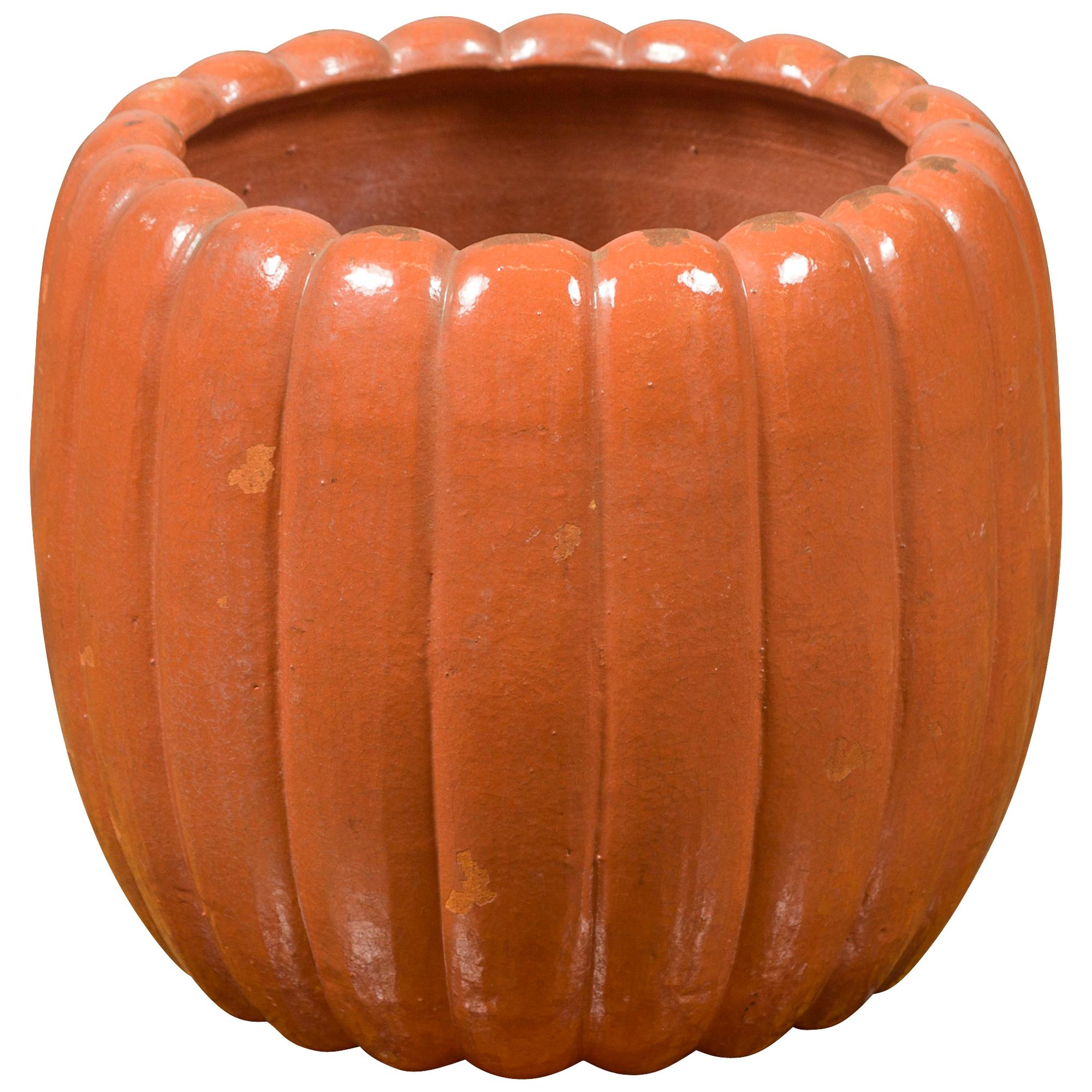 Japanese Taishō Period Handmade Coral Colored Pumpkin Shaped Planter For Sale