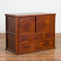 Japanese Taishō Period Keyaki Wood Cabinet with Sliding Doors and Five Drawers