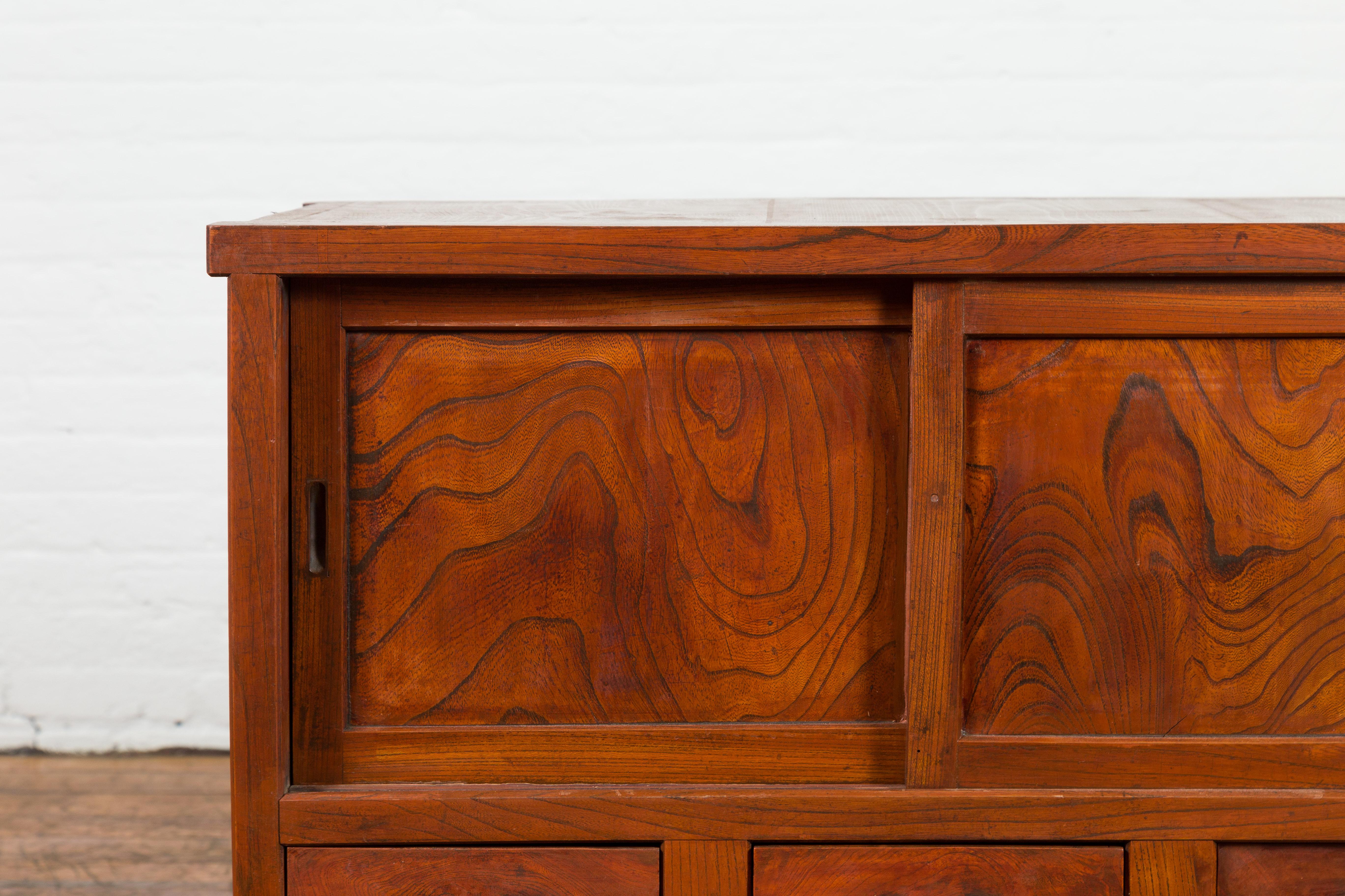 20th Century Japanese Taishō Period Keyaki Wood Cabinet with Sliding Doors and Five Drawers For Sale