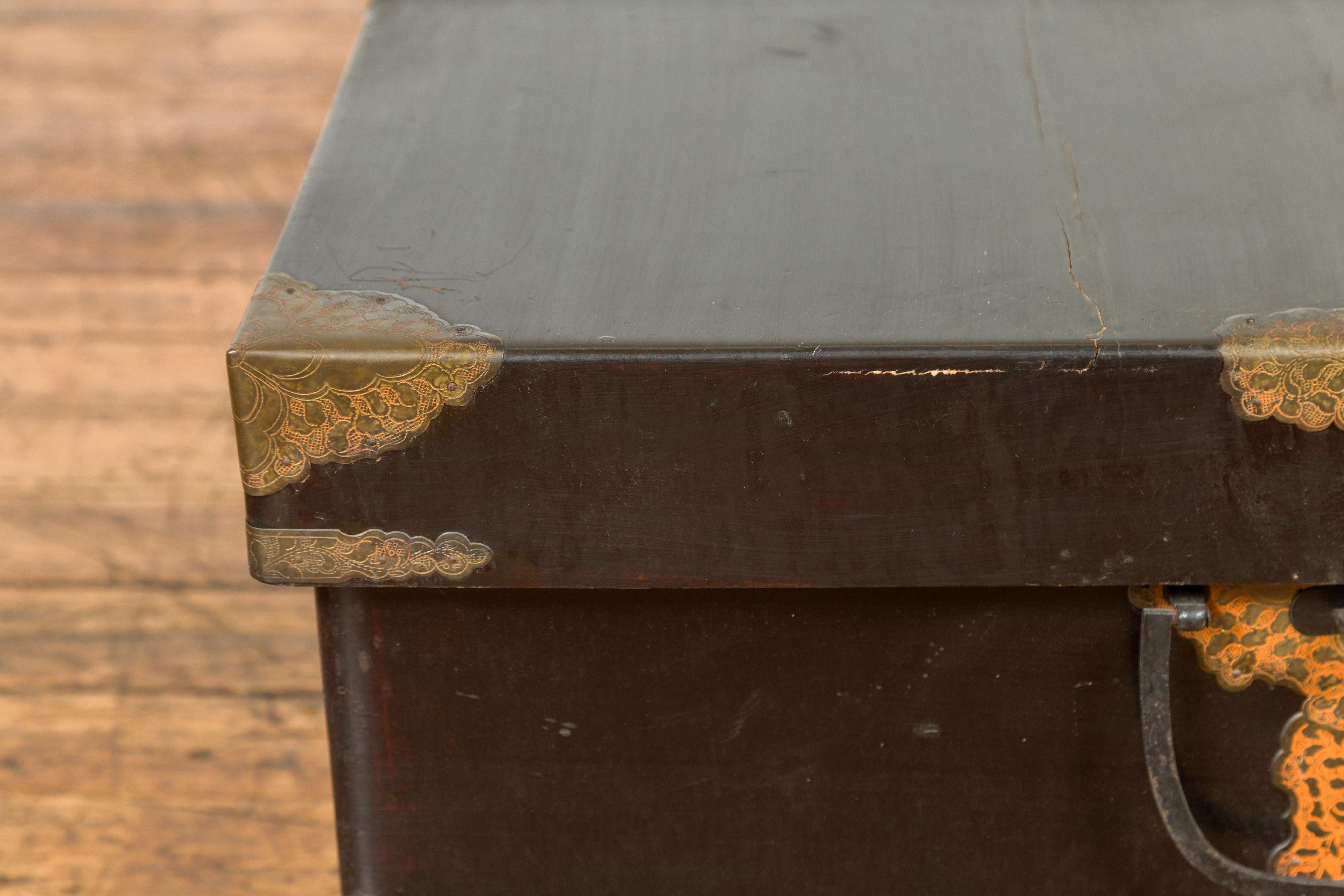 20th Century Japanese Taishō Period Kiri Wood Lidded Box with Cut Brass Foliage Hardware