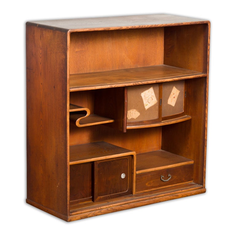 Japanese Taishō Period Open Bookshelf Sliding Doors, Curvy Shelf and