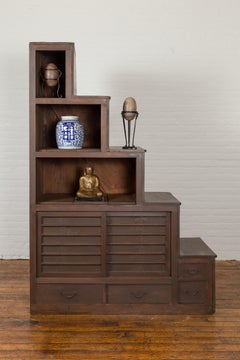 Japanese Taishō Period Staircase Tansu Cabinet with Sliding Doors and Drawers