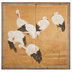 Japanese Taisho Period Two-Panel Screen Wading Cranes