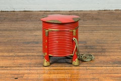 Japanese Taishō Red Lacquered Hokai Box with Brass Accents and Original Rope