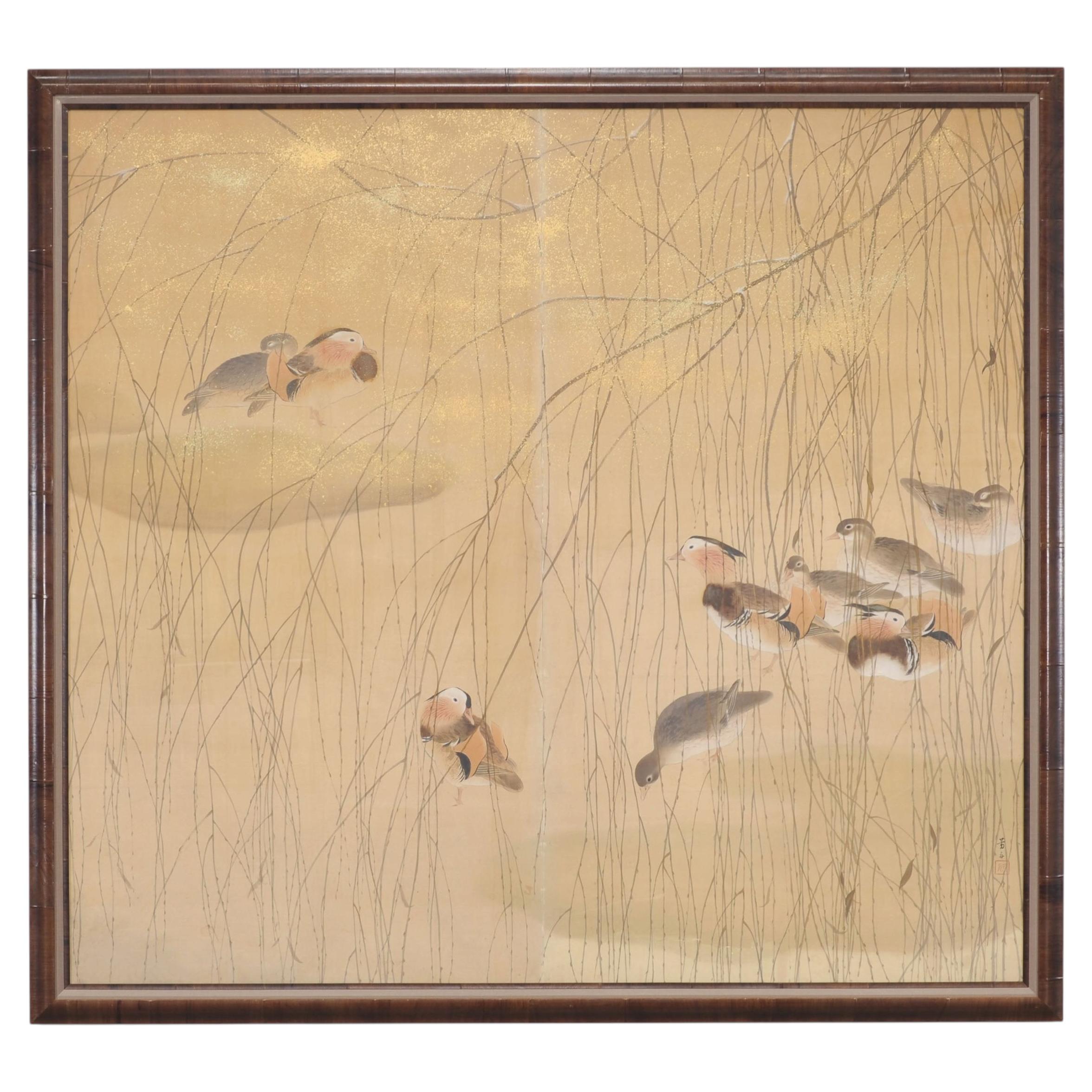 Japanese Taishō/Shōwa Painting Flock of Ducks in Winter Pond