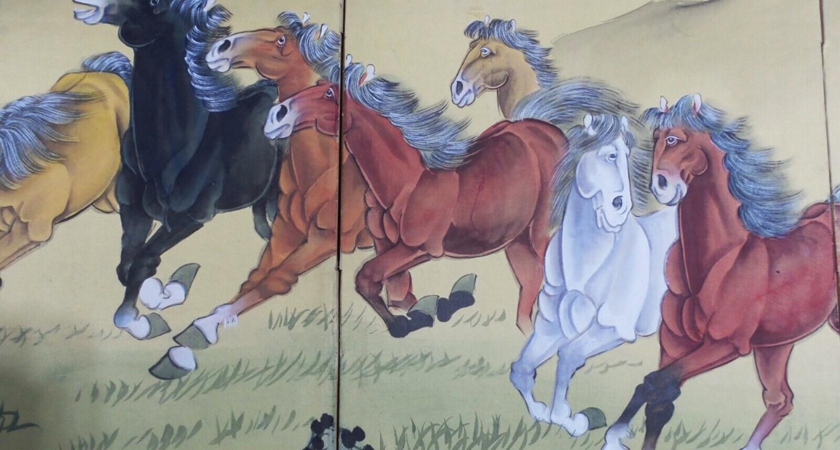 Japonisme Japanese Taisho/Showa Period Six - Panel Screen with Galloping Horses, Ca. 1920 For Sale