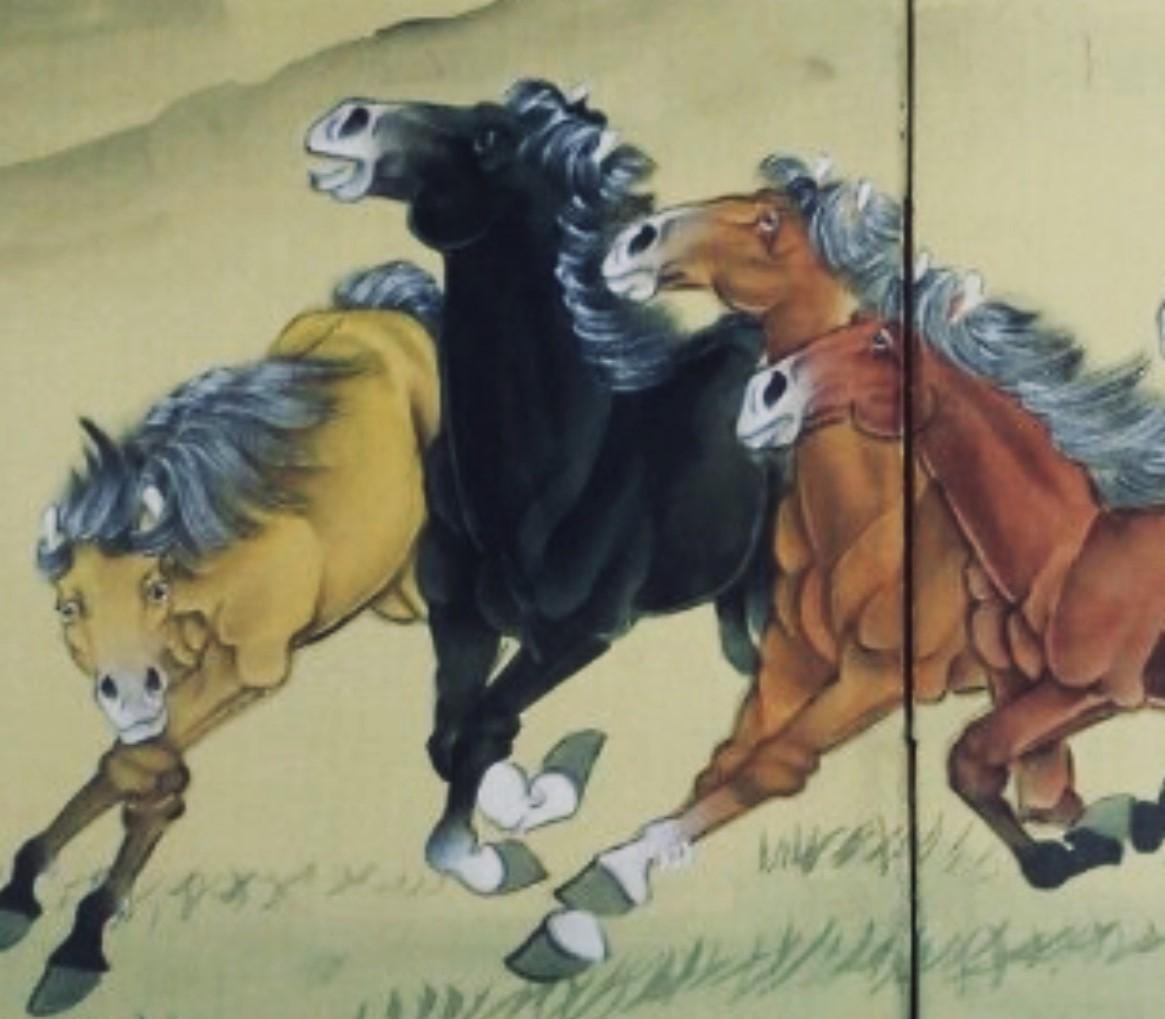 Wood Japanese Taisho/Showa Period Six - Panel Screen with Galloping Horses, Ca. 1920 For Sale