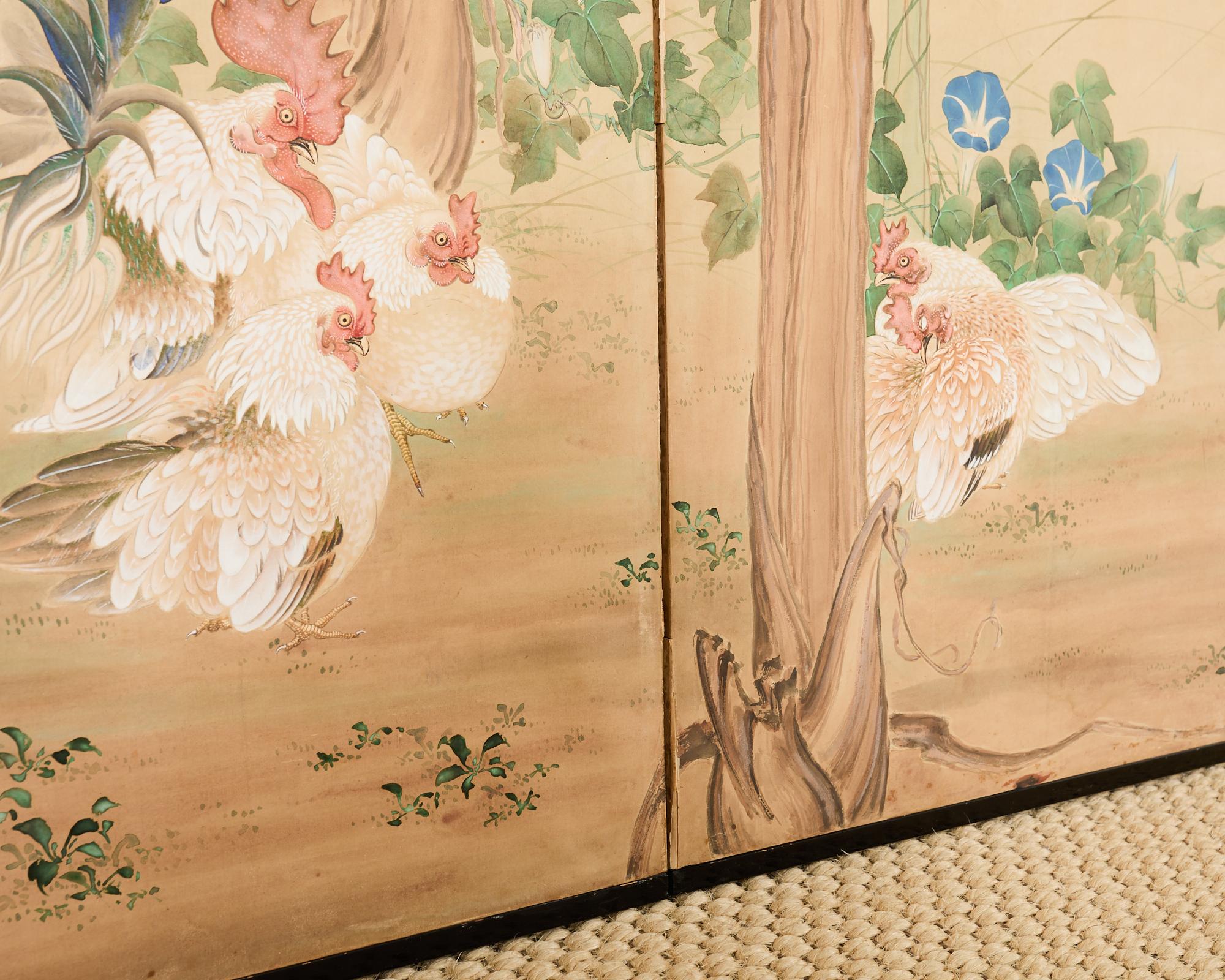 Coqs et Hens japonais Taisho à six panneaux en vente 4