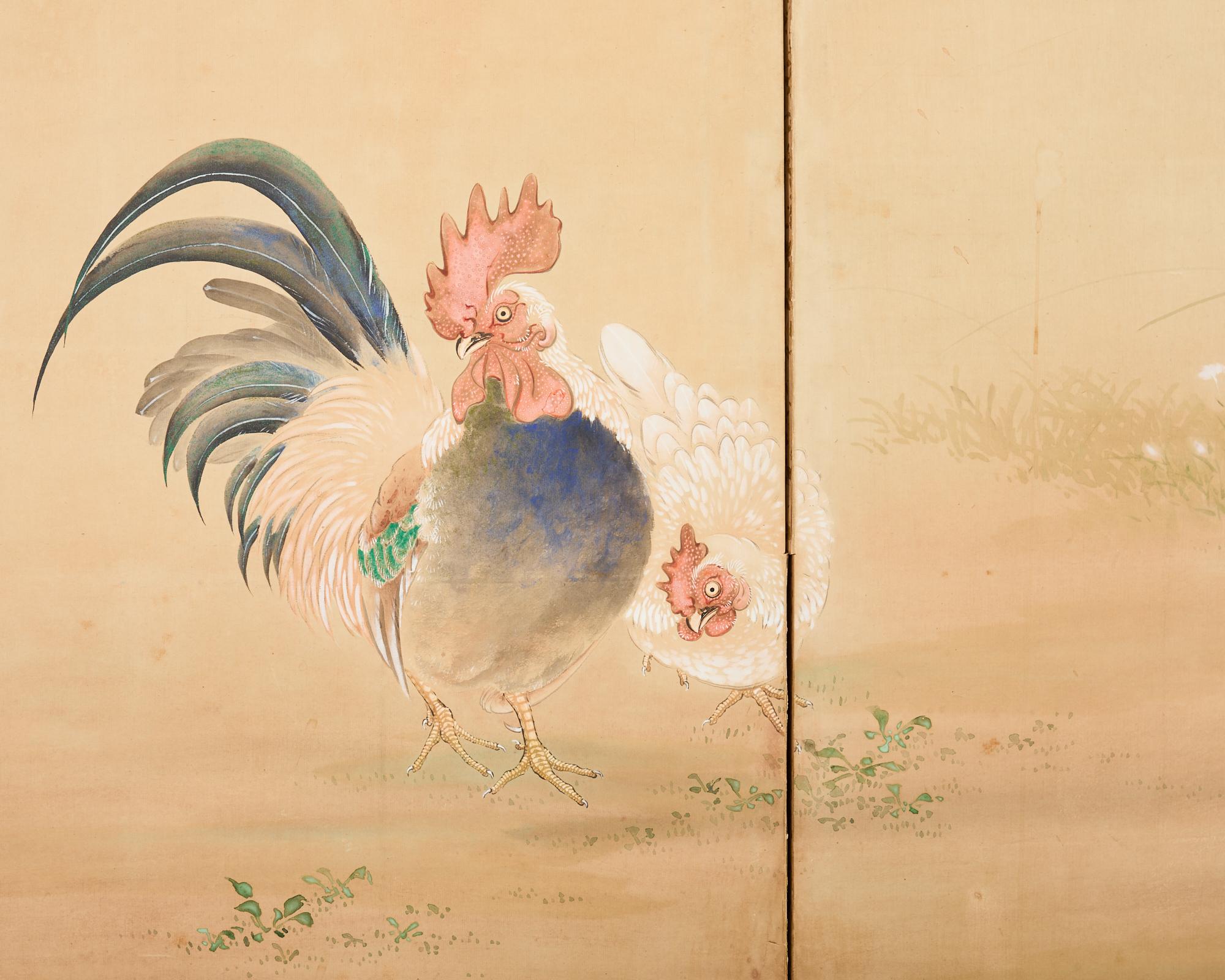 Coqs et Hens japonais Taisho à six panneaux en vente 7