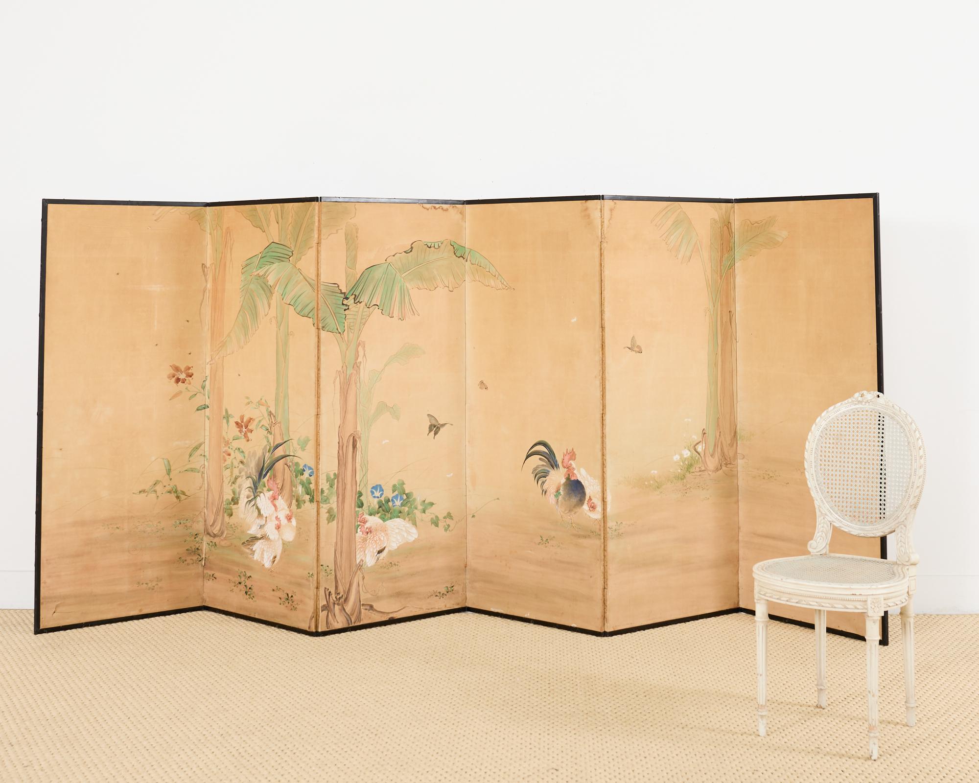 Coqs et Hens japonais Taisho à six panneaux en vente 10