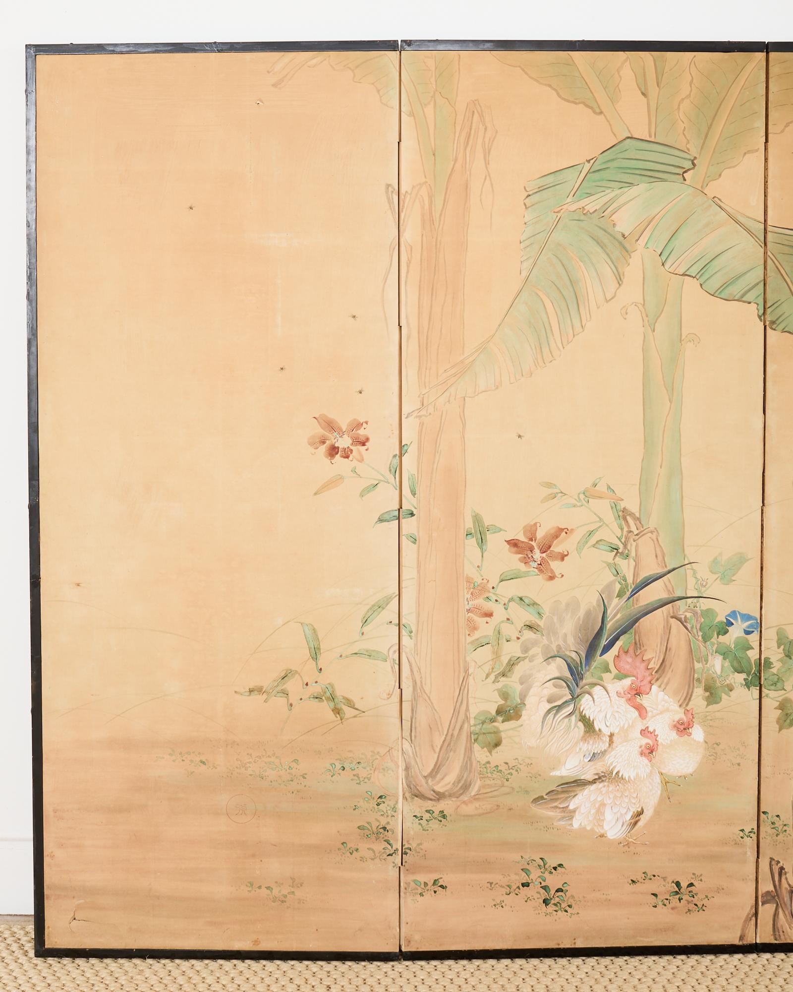 Japonais Coqs et Hens japonais Taisho à six panneaux en vente