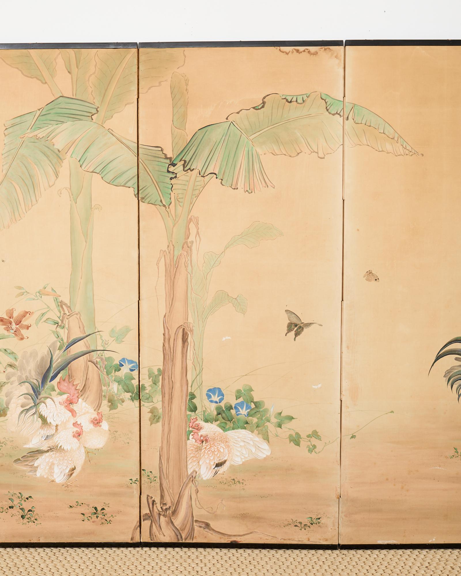 Peint Coqs et Hens japonais Taisho à six panneaux en vente