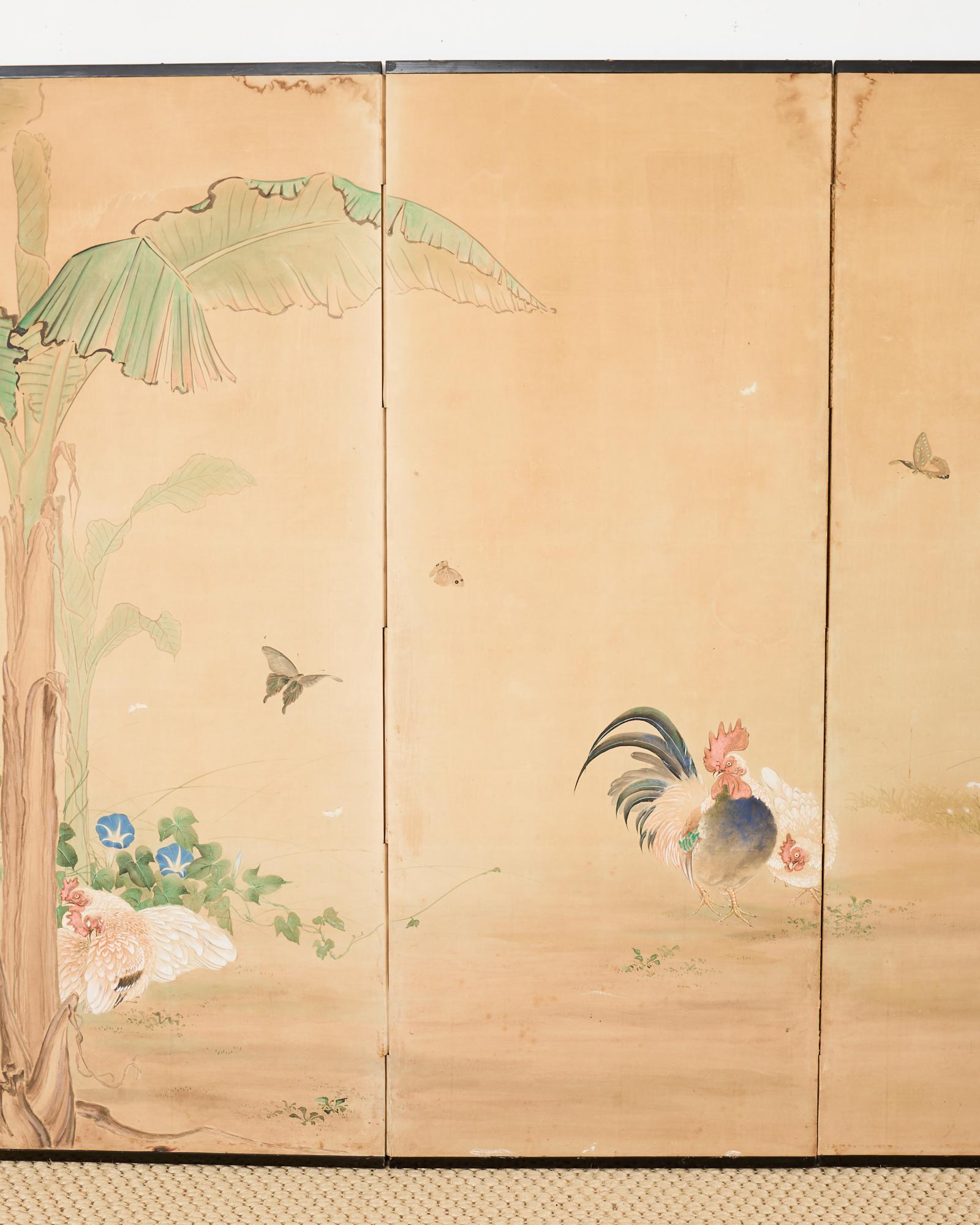 Coqs et Hens japonais Taisho à six panneaux Bon état - En vente à Rio Vista, CA