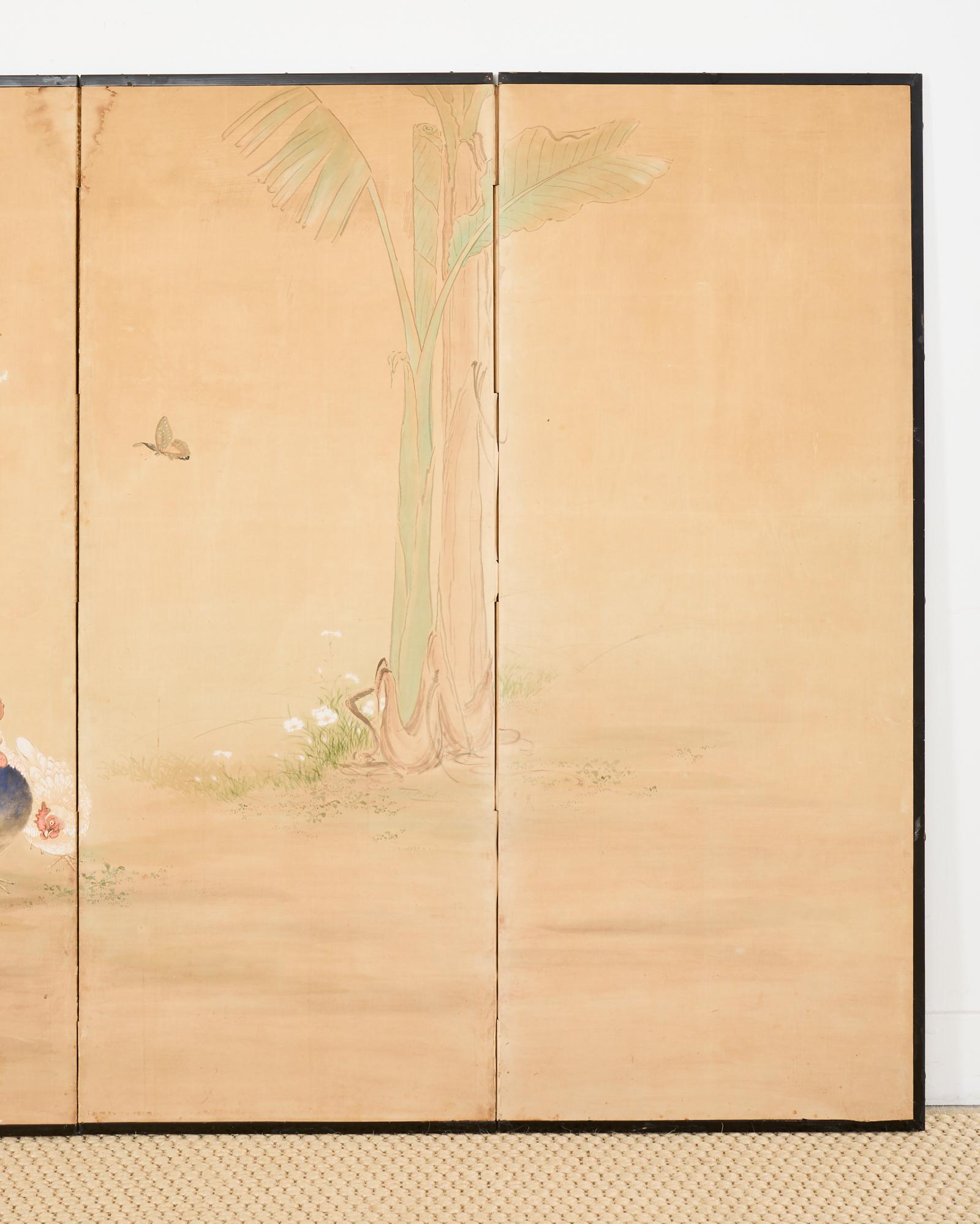 20ième siècle Coqs et Hens japonais Taisho à six panneaux en vente