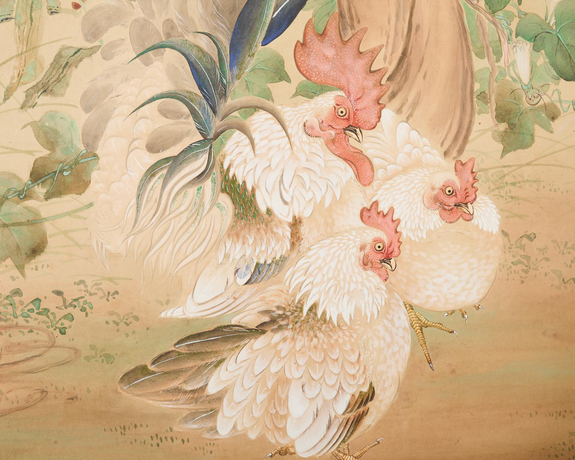 Bois Coqs et Hens japonais Taisho à six panneaux en vente