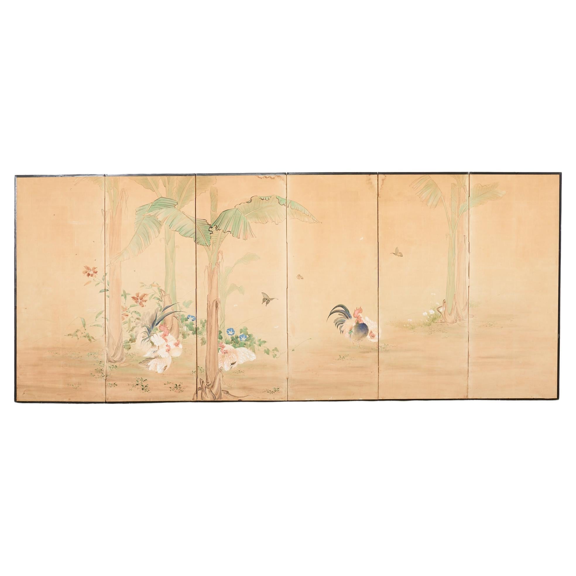 Japanese Taisho Six Panel Screen Roosters and Hens