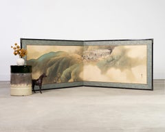 Japanese Taisho Two-Panel Landscape Screen Traveler Waystation