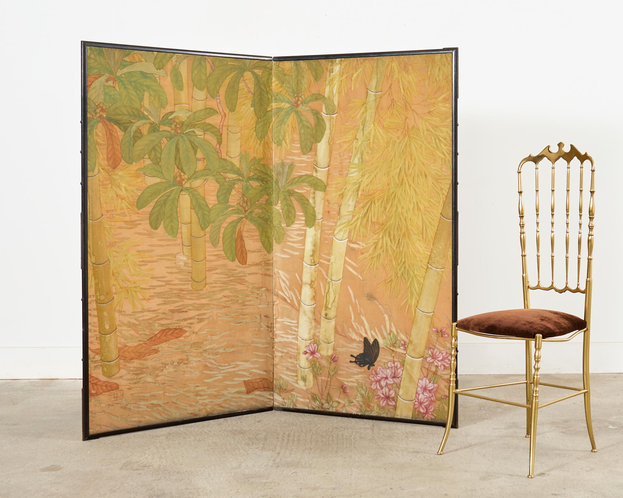 Japanese Taisho Two Panel Screen Bamboo Butterfly Landscape For Sale 8