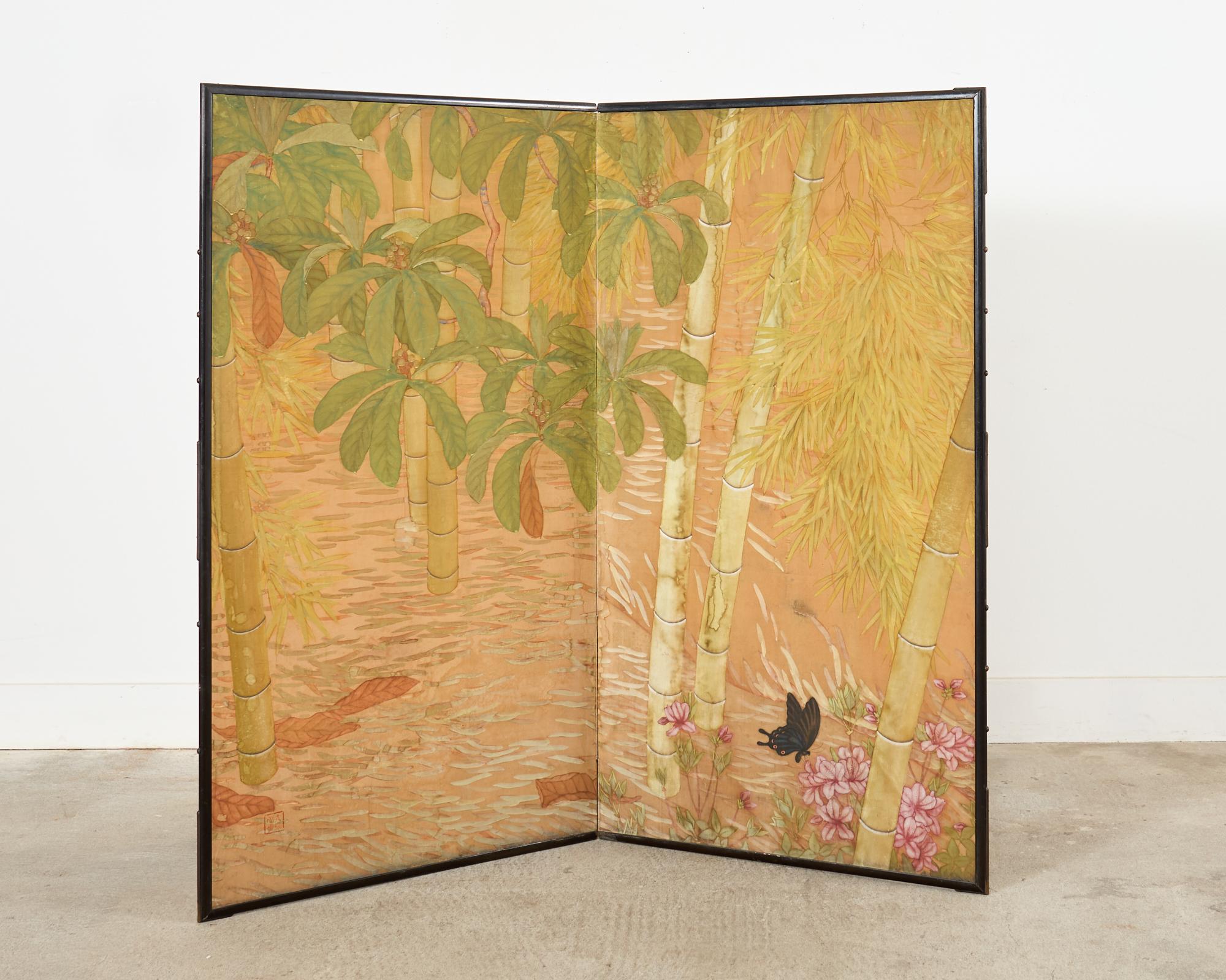 Japanese Taisho Two Panel Screen Bamboo Butterfly Landscape For Sale 10