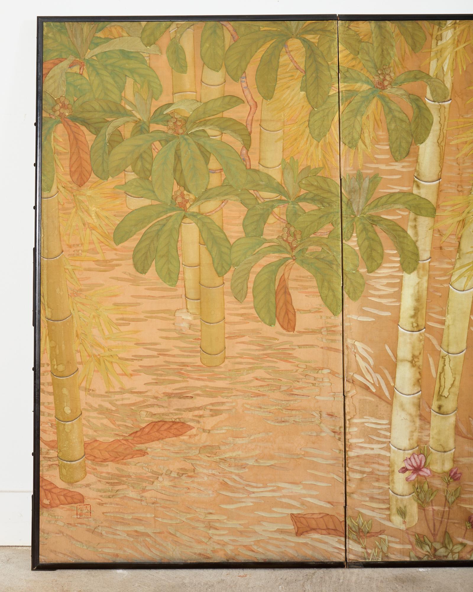 Hand-Crafted Japanese Taisho Two Panel Screen Bamboo Butterfly Landscape For Sale
