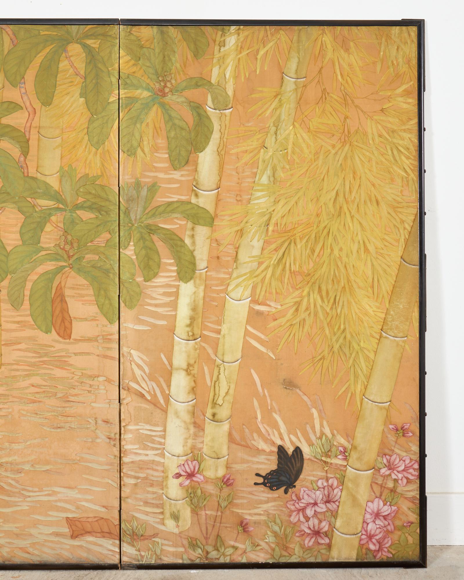 Japanese Taisho Two Panel Screen Bamboo Butterfly Landscape In Distressed Condition For Sale In Rio Vista, CA