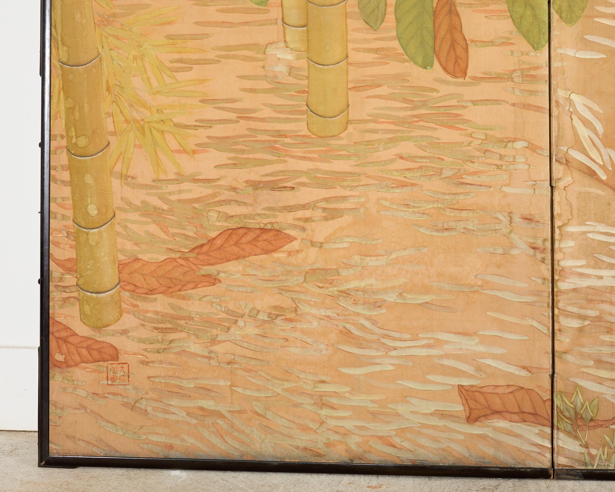 20th Century Japanese Taisho Two Panel Screen Bamboo Butterfly Landscape For Sale