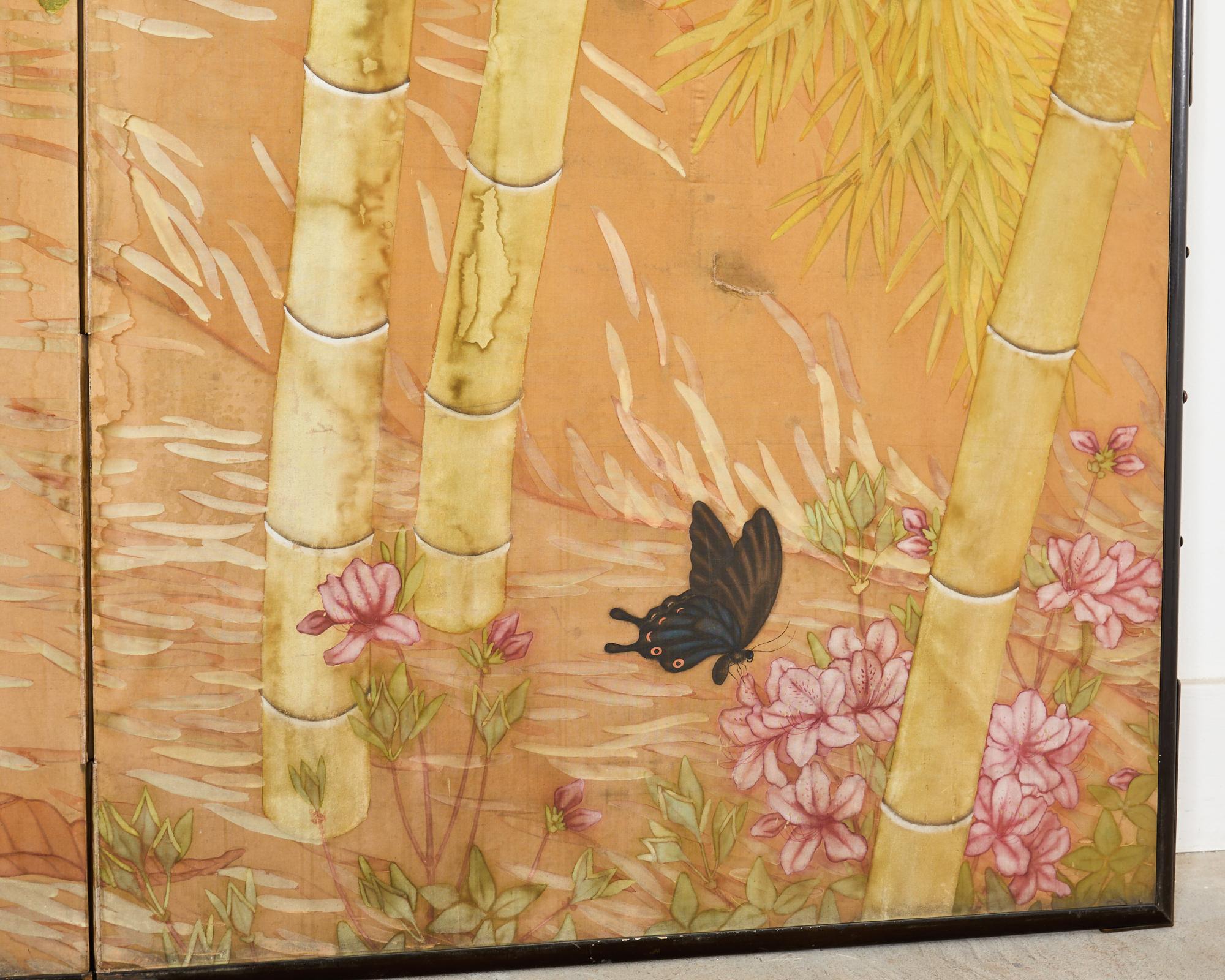 Brass Japanese Taisho Two Panel Screen Bamboo Butterfly Landscape For Sale