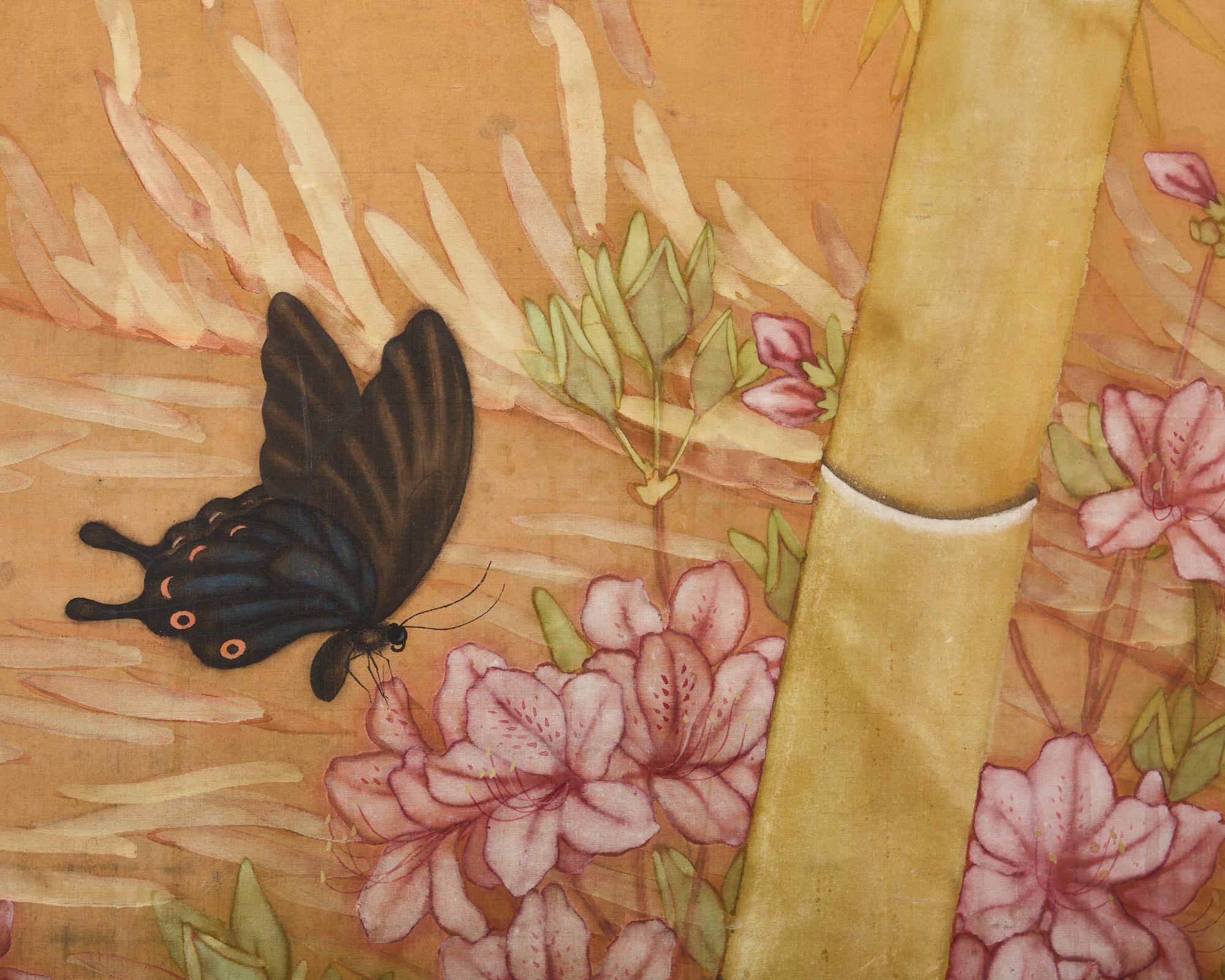 Japanese Taisho Two Panel Screen Bamboo Butterfly Landscape For Sale 1