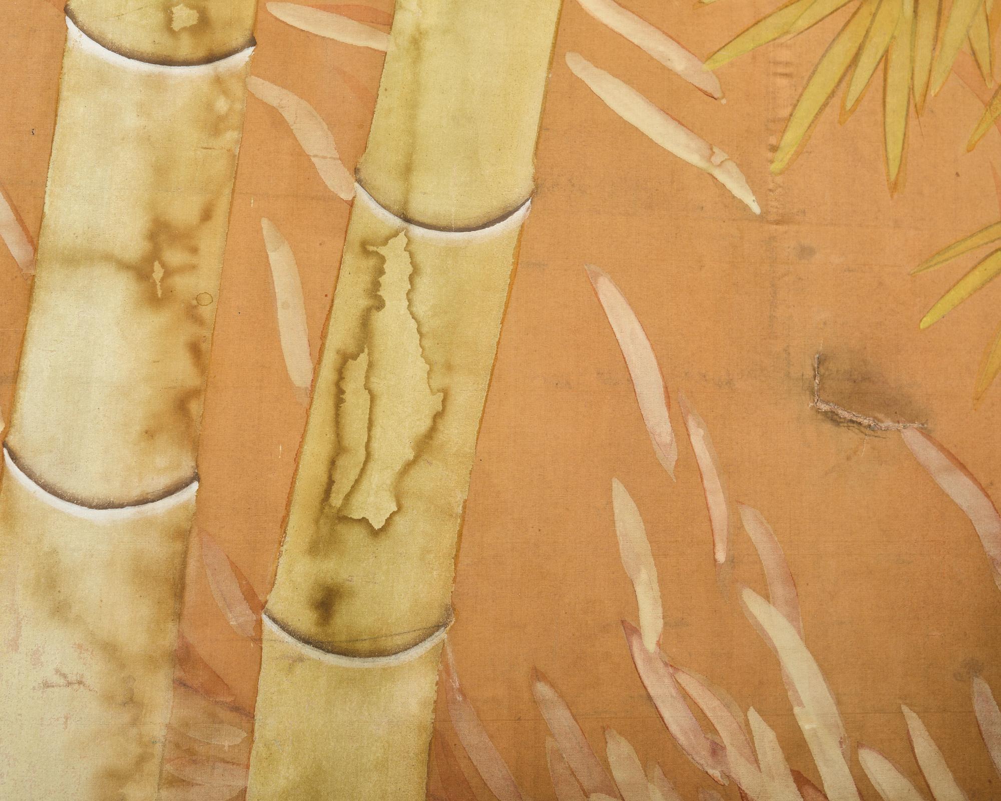 Japanese Taisho Two Panel Screen Bamboo Butterfly Landscape For Sale 2