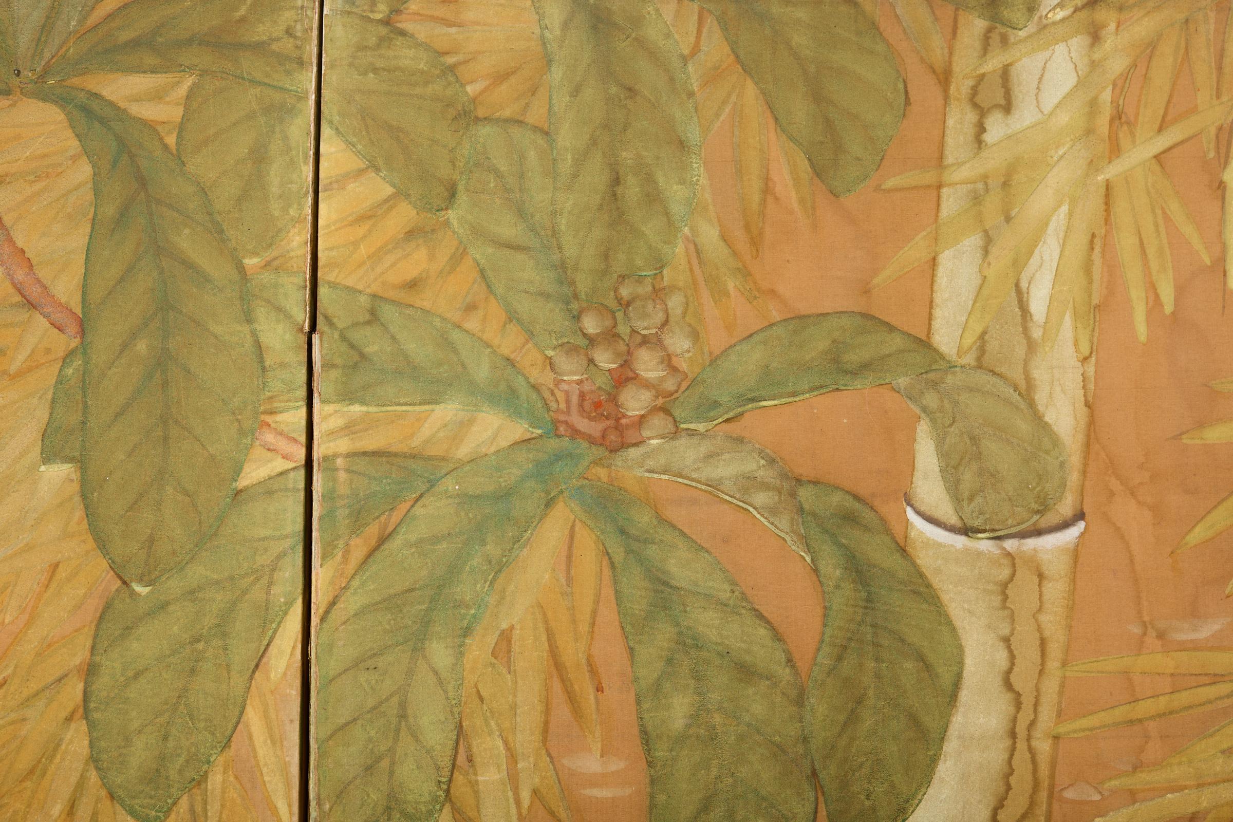 Japanese Taisho Two Panel Screen Bamboo Butterfly Landscape For Sale 3
