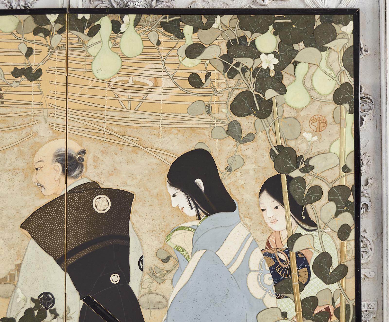 Silk Japanese Taisho Two Panel Screen Figures in the Garden