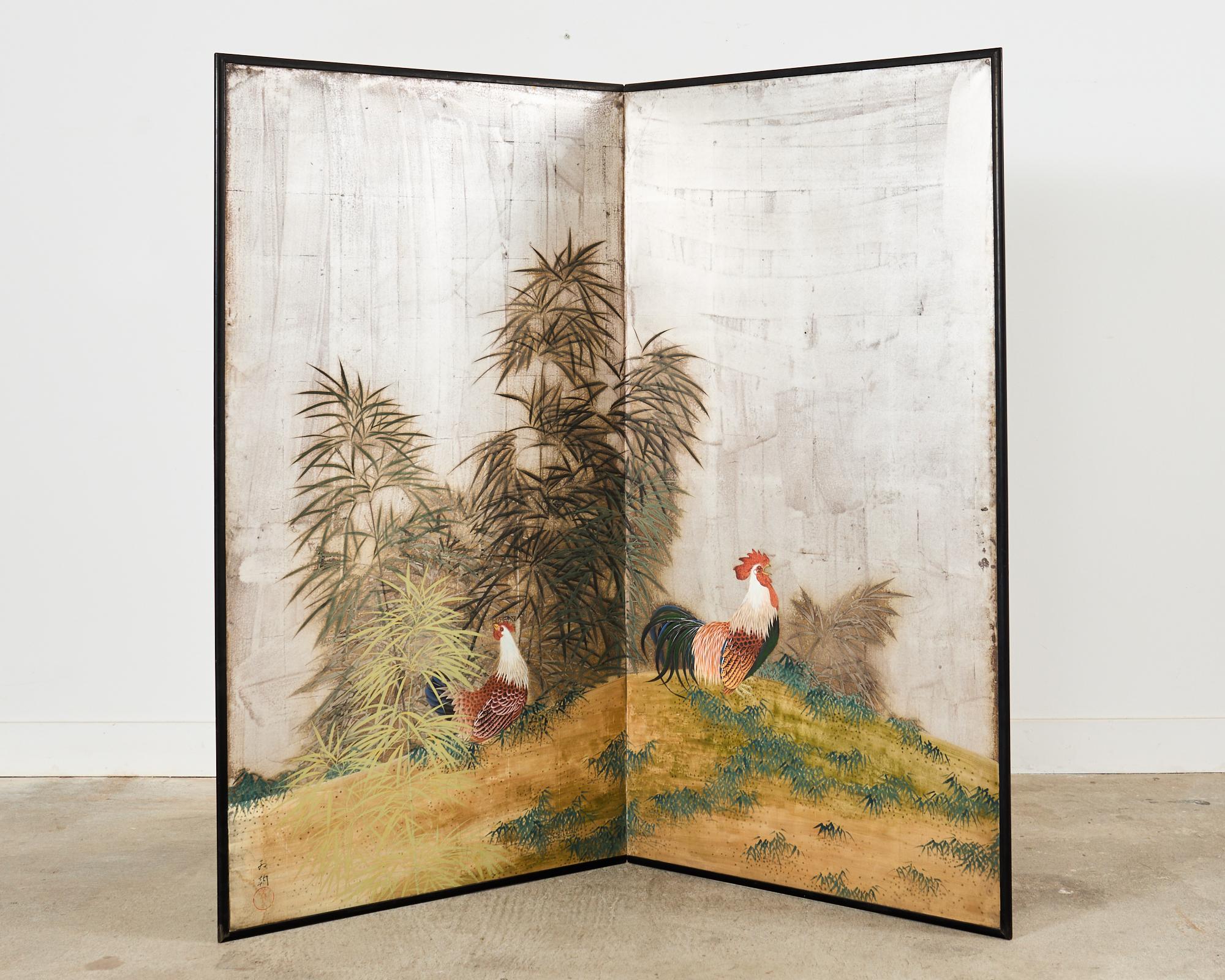 Japanese Taisho Two Panel Screen Rooster and Hen by Kocho For Sale 10
