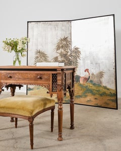 Japanese Taisho Two Panel Screen Rooster and Hen by Kocho