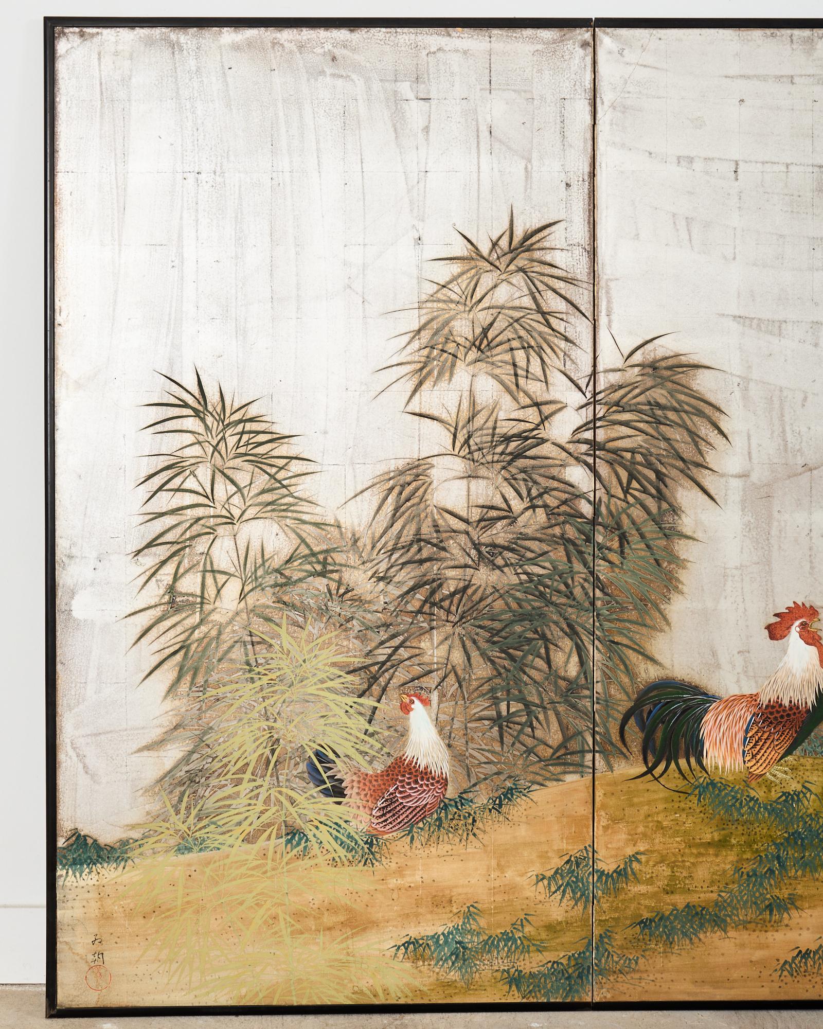 Japanese Taisho Two Panel Screen Rooster and Hen by Kocho In Good Condition For Sale In Rio Vista, CA