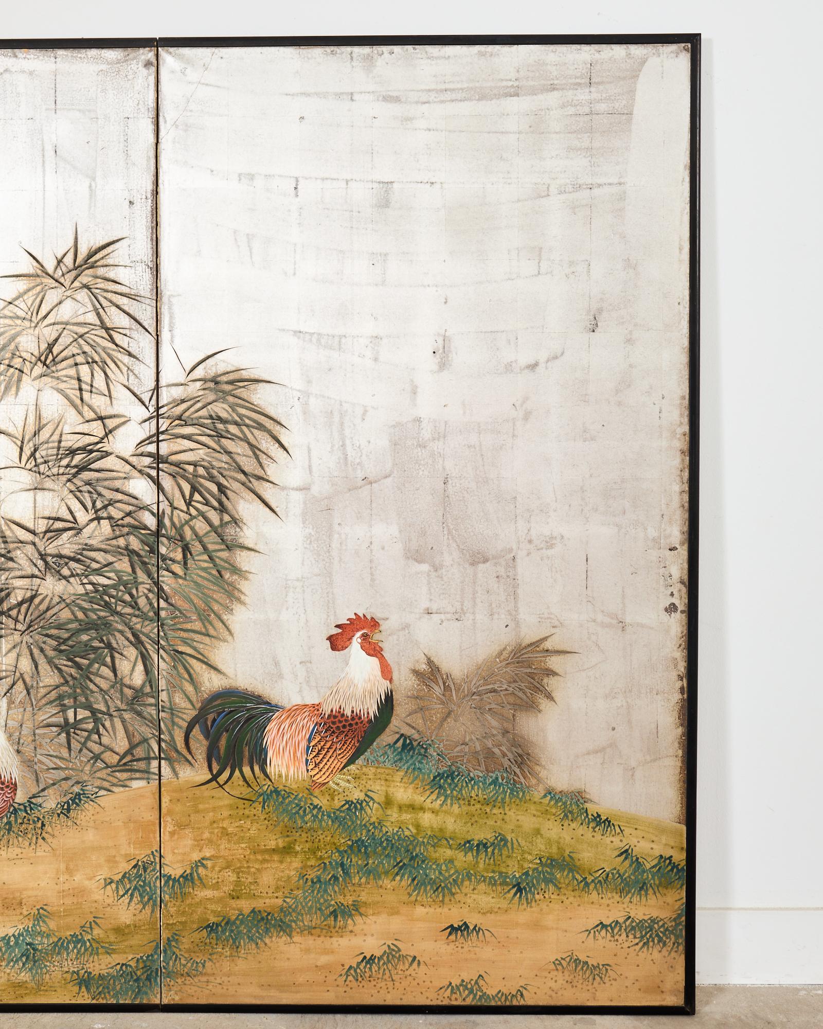20th Century Japanese Taisho Two Panel Screen Rooster and Hen by Kocho For Sale