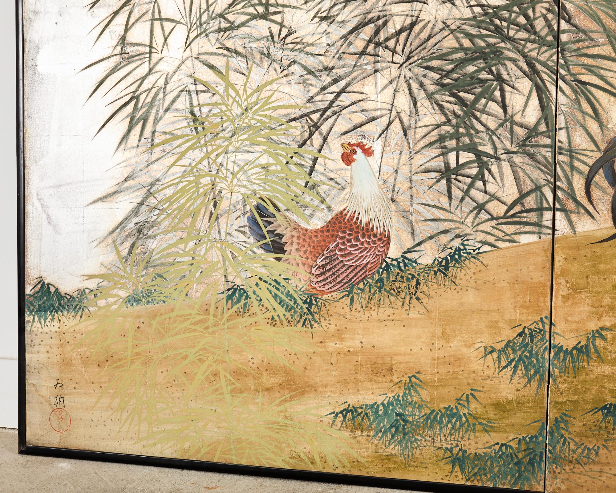Silver Leaf Japanese Taisho Two Panel Screen Rooster and Hen by Kocho For Sale