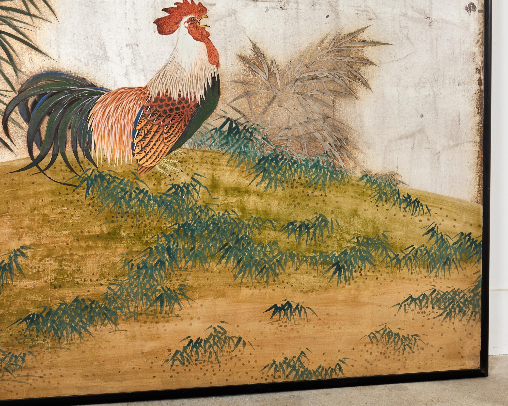 Japanese Taisho Two Panel Screen Rooster and Hen by Kocho For Sale 1