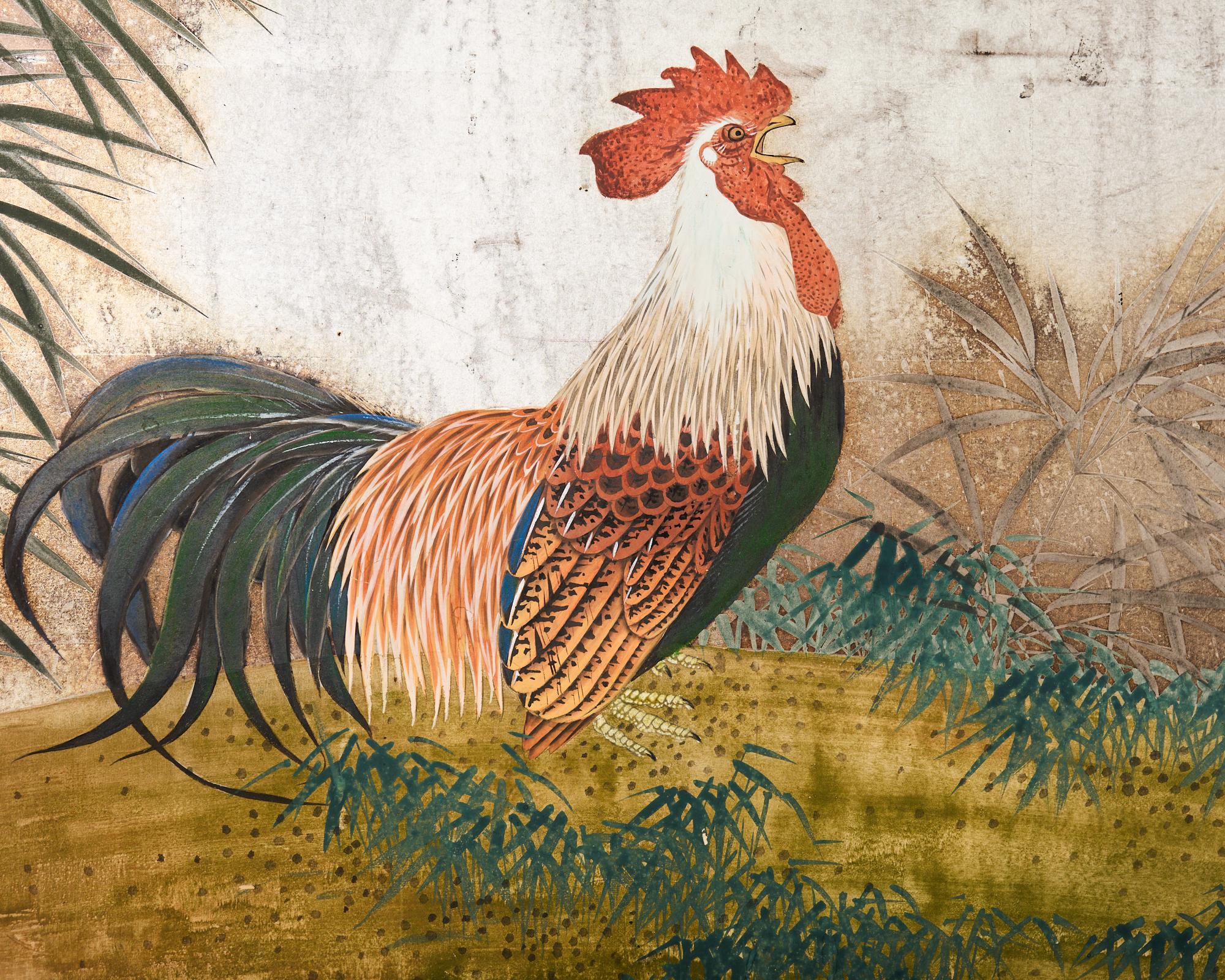 Japanese Taisho Two Panel Screen Rooster and Hen by Kocho For Sale 2