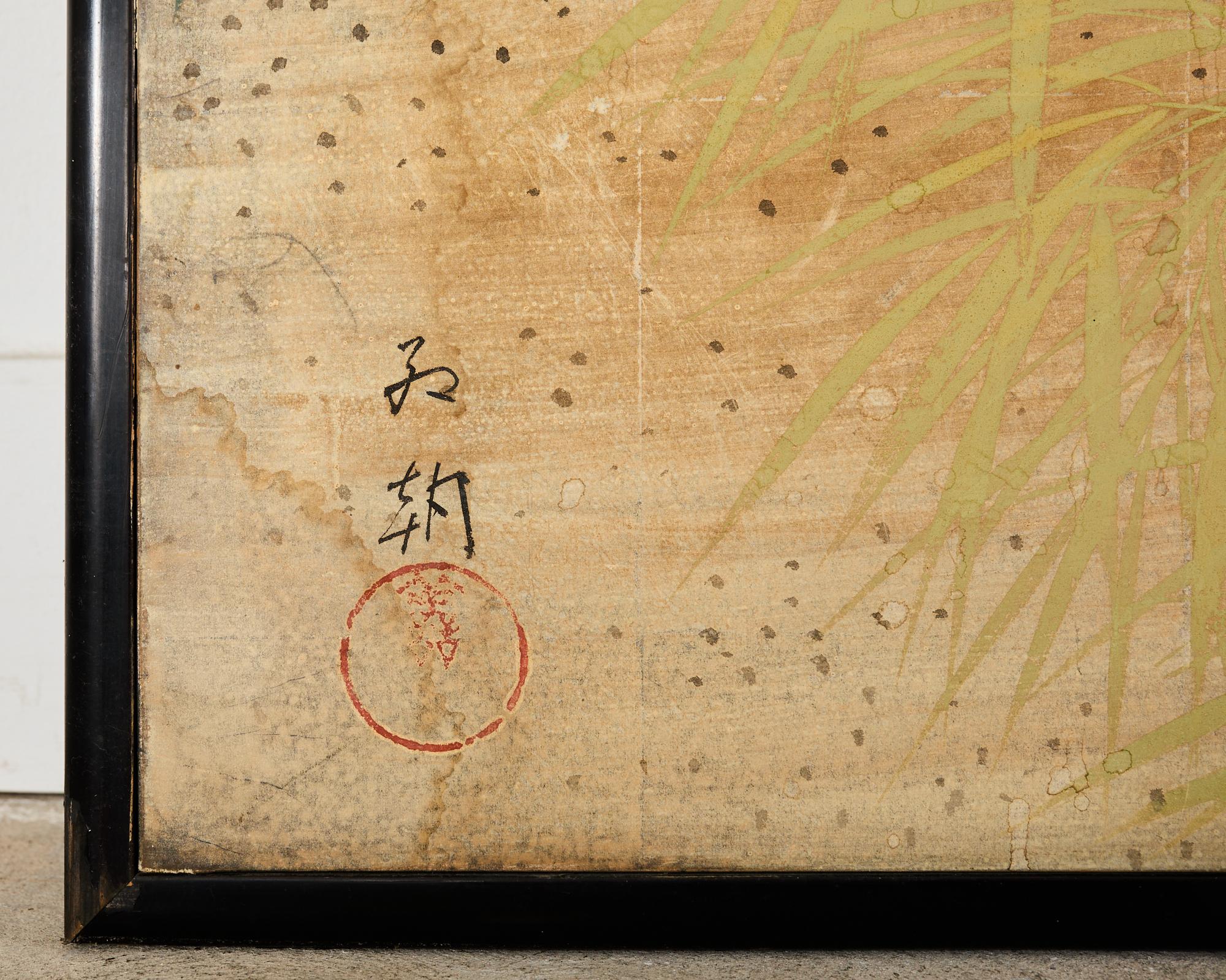 Japanese Taisho Two Panel Screen Rooster and Hen by Kocho For Sale 4