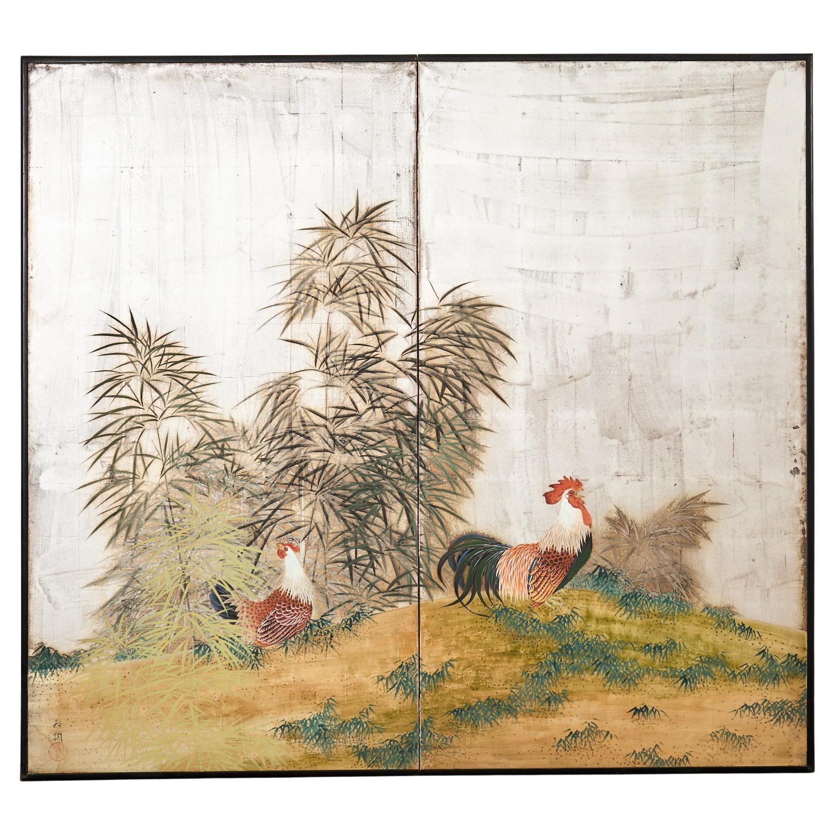 Rooster and Hen japonais Taisho à deux panneaux