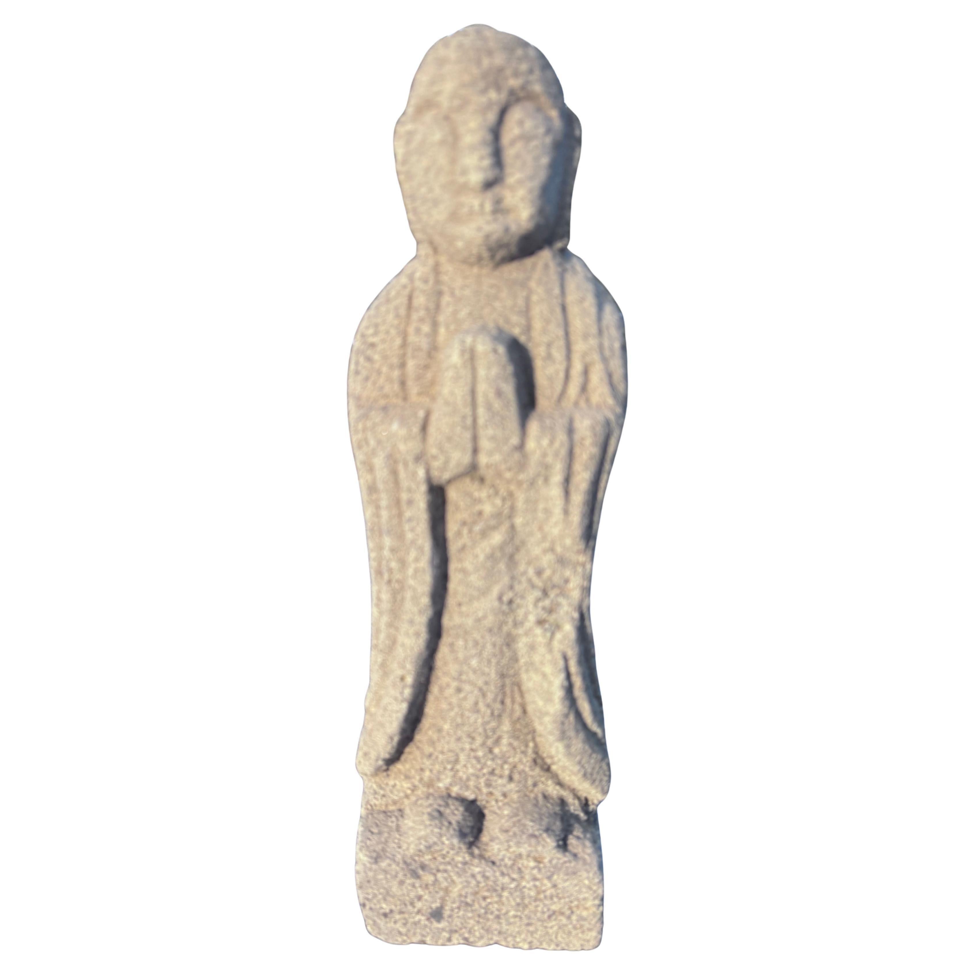 Japanese Tall 100 Year Old Stone Buddha, Hands in Prayer