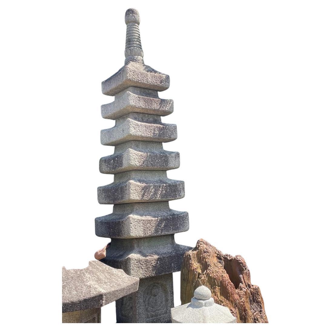 Taisho Japanese Tall Antique Buddha Seven Roof  Stone Pagoda- best in class, 13.5 feet For Sale