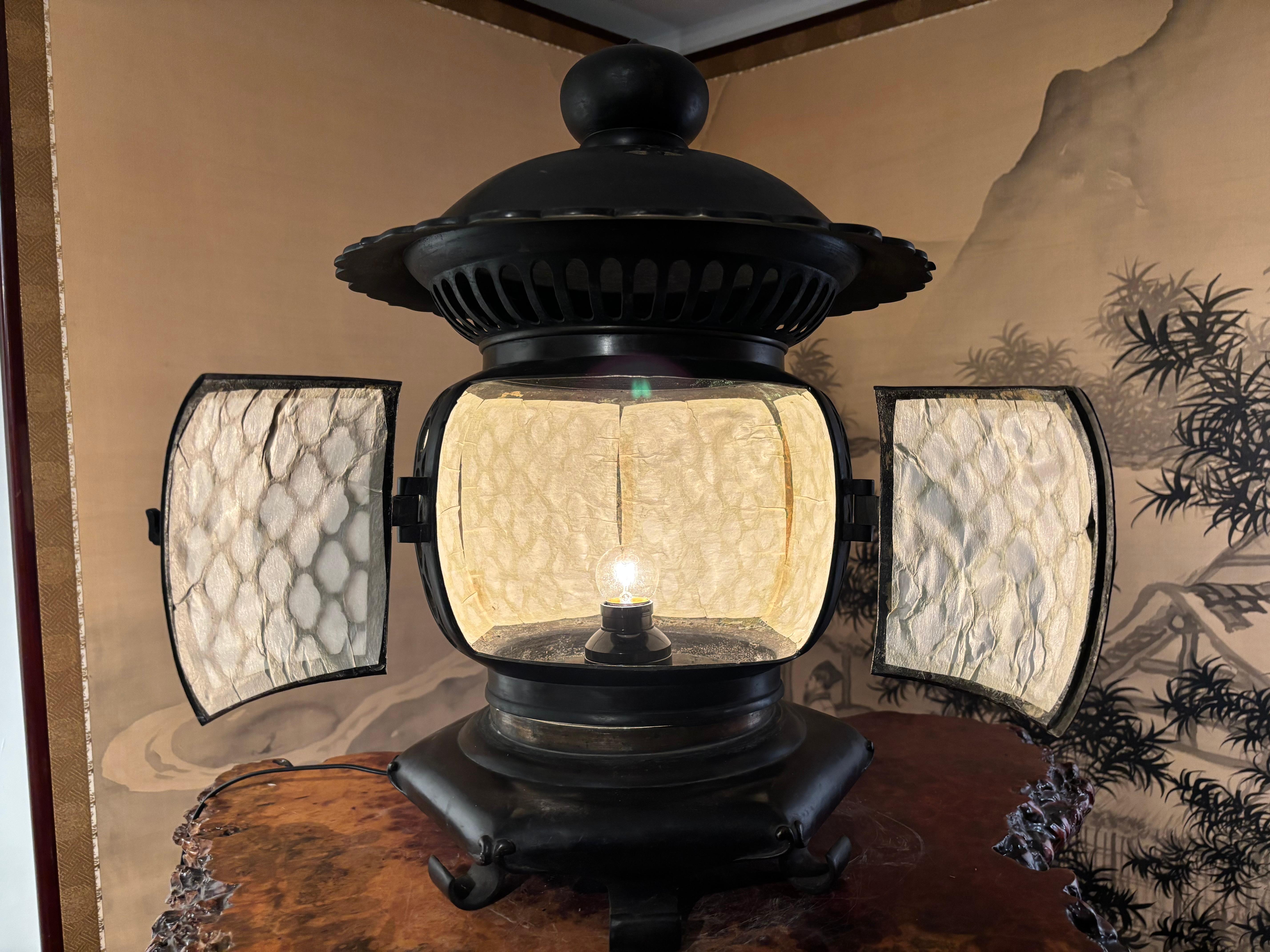 Taisho Japanese Tall Antique Classic Electrified Temple Lantern Emits Serene Light For Sale