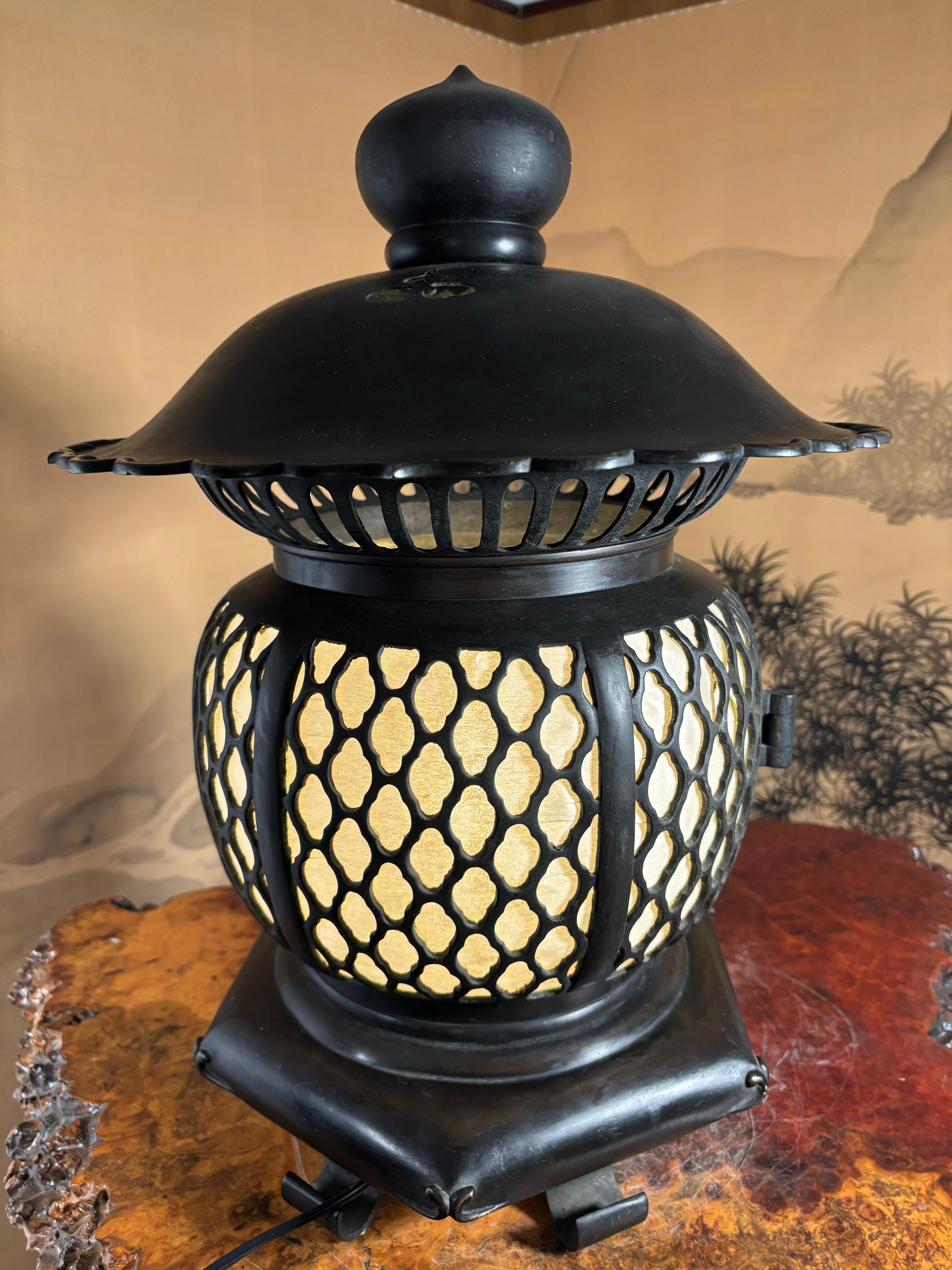Hand-Crafted Japanese Tall Antique Classic Electrified Temple Lantern Emits Serene Light For Sale