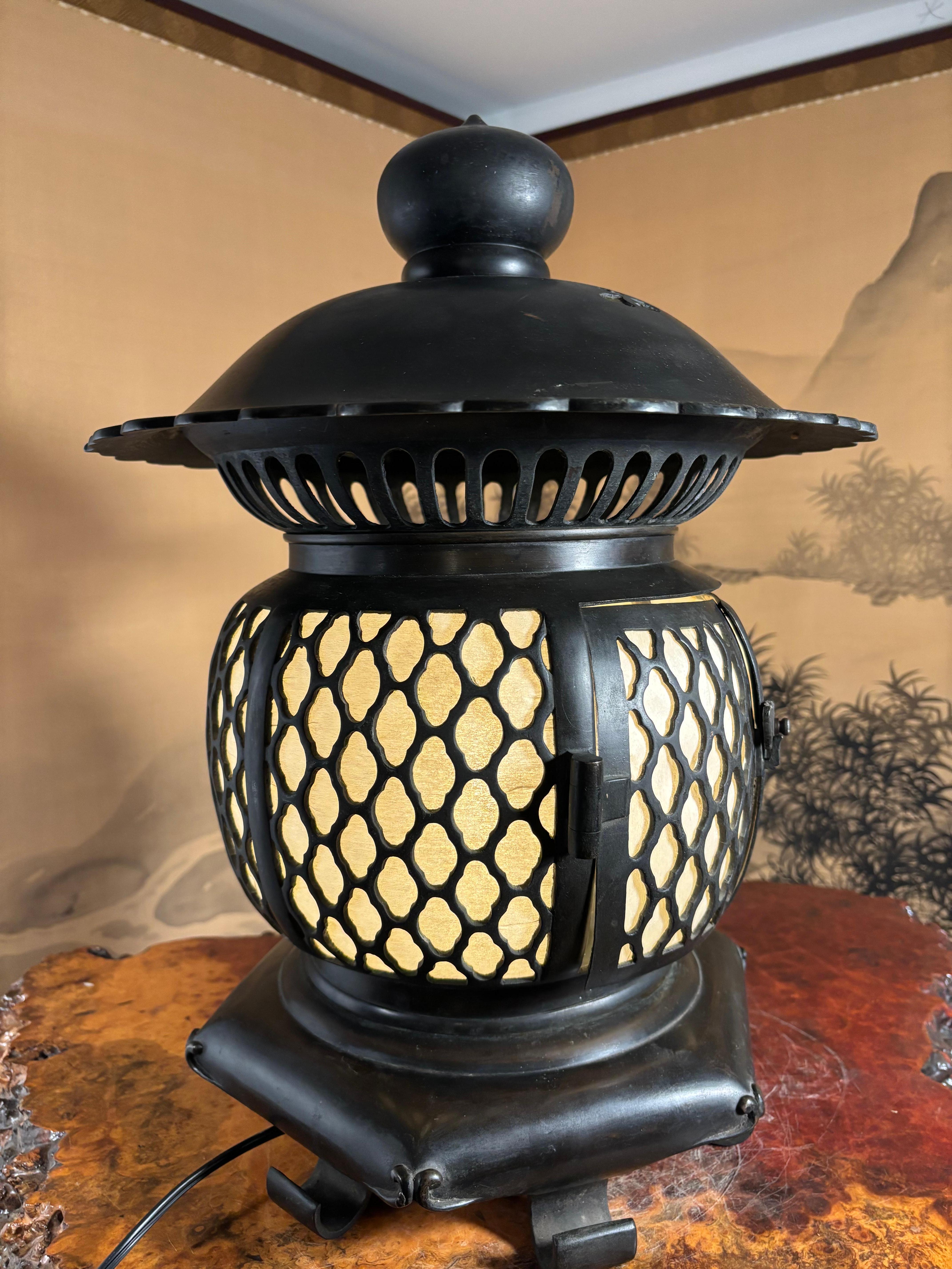 20th Century Japanese Tall Antique Classic Electrified Temple Lantern Emits Serene Light For Sale